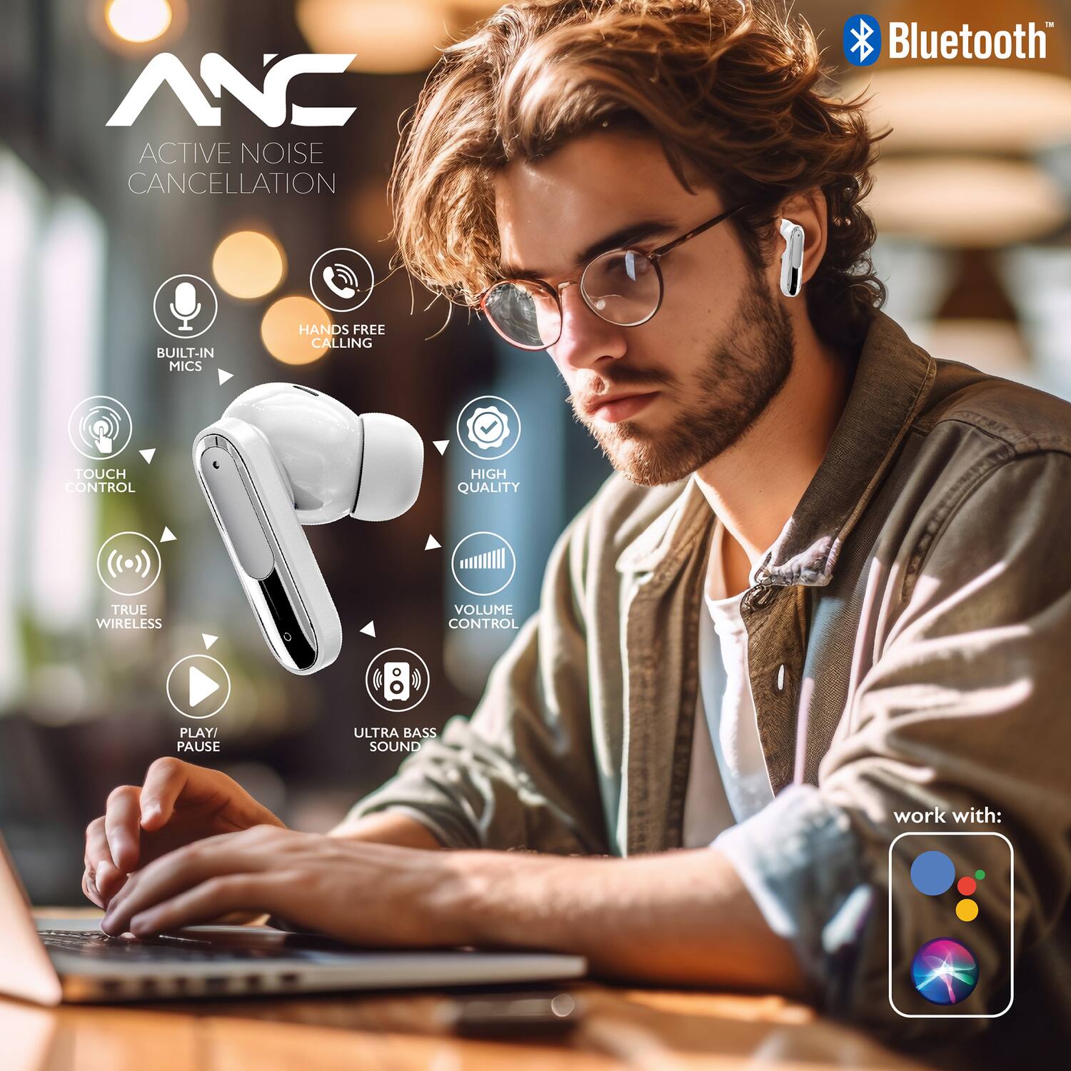 ANC ACTIVE NOISE CANCELLATION Bluetooth BUILT-IN MICS HANDS FREE CALLING TOUCH CONTROL HIGH QUALITY TRUE WIRELESS VOLUME CONTROL PLAY/ PAUSE ULTRA BASS SOUND work with: