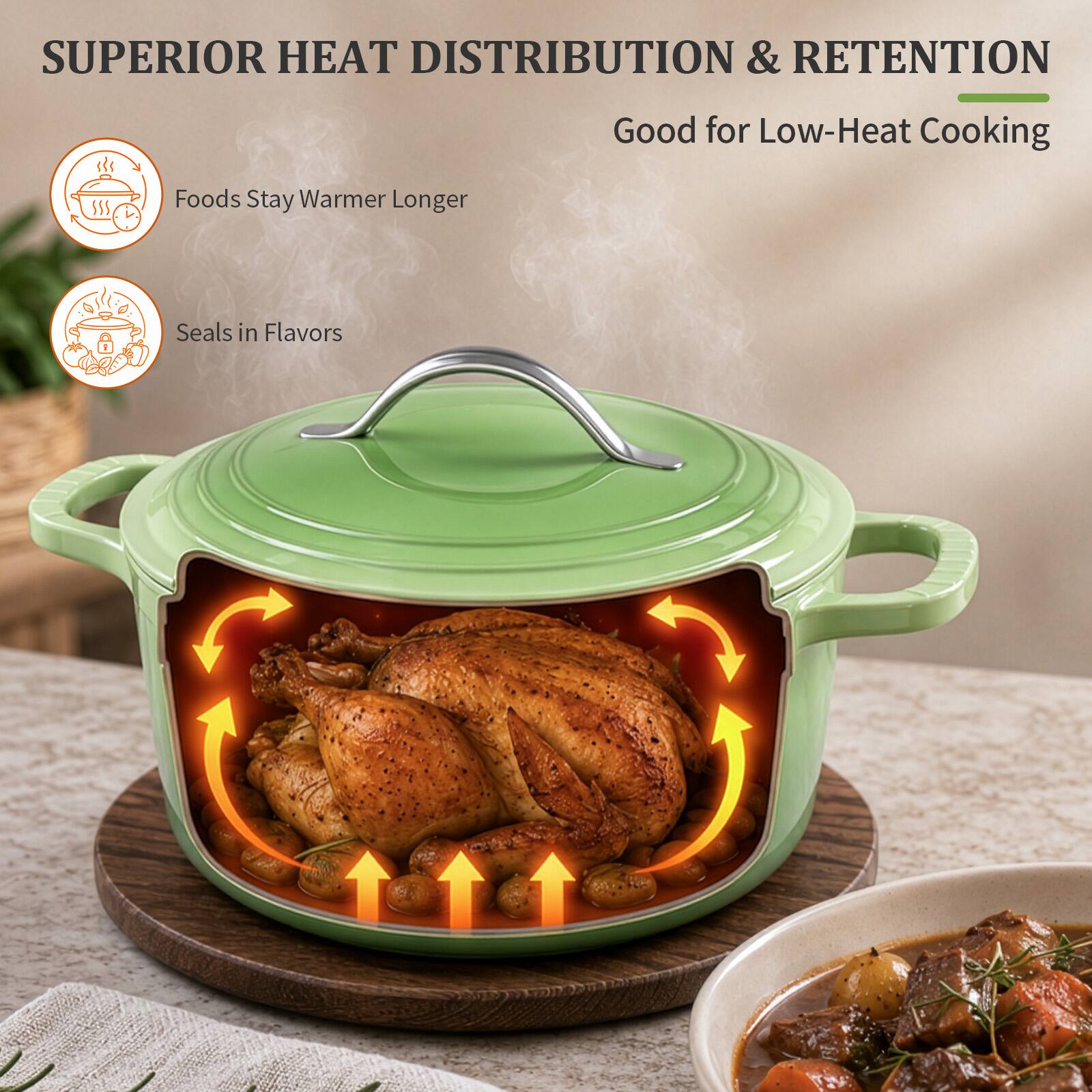SUPERIOR HEAT DISTRIBUTION & RETENTION  
Good for Low-Heat Cooking  
Foods Stay Warmer Longer  
Seals in Flavors