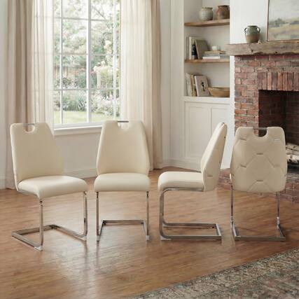 Front. GOODSILO - Set of 4 Modern Faux Leather Dining Chairs with Gold Mesh Texture and Chrome Accents - Off White.