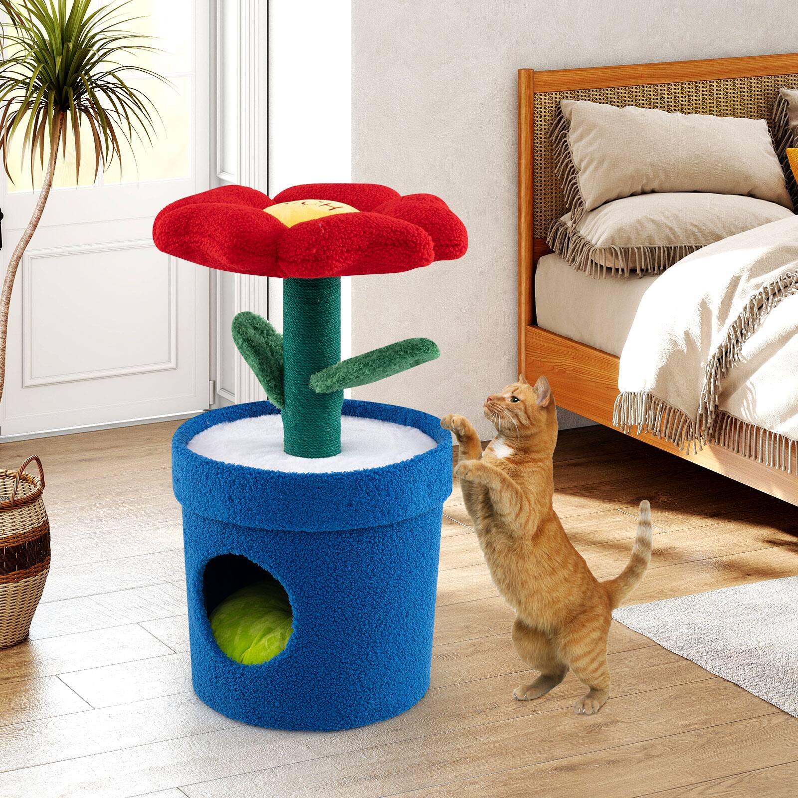 Alt View 4. Gymax - Gymax Cute Cat Tree for Indoor Cats Kitten Tower w/Flower Padded Perch Planter Condo Red & Blue & White.