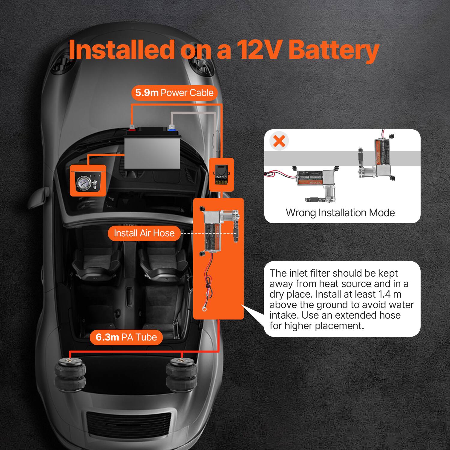 Installed on a 12V Battery

5.9m Power Cable

Install Air Hose

6.3m PA Tube

Wrong Installation Mode

The inlet filter should be kept away from heat source and in a dry place. Install at least 1.4 m above the ground to avoid water intake. Use an extended hose for higher placement.