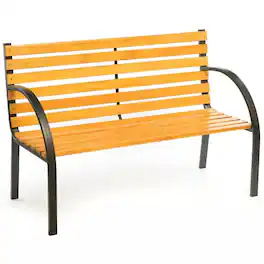 Hivvago - Outdoor Black Metal Frame Garden Bench with Wood Slats and Curved Armrests - Brown