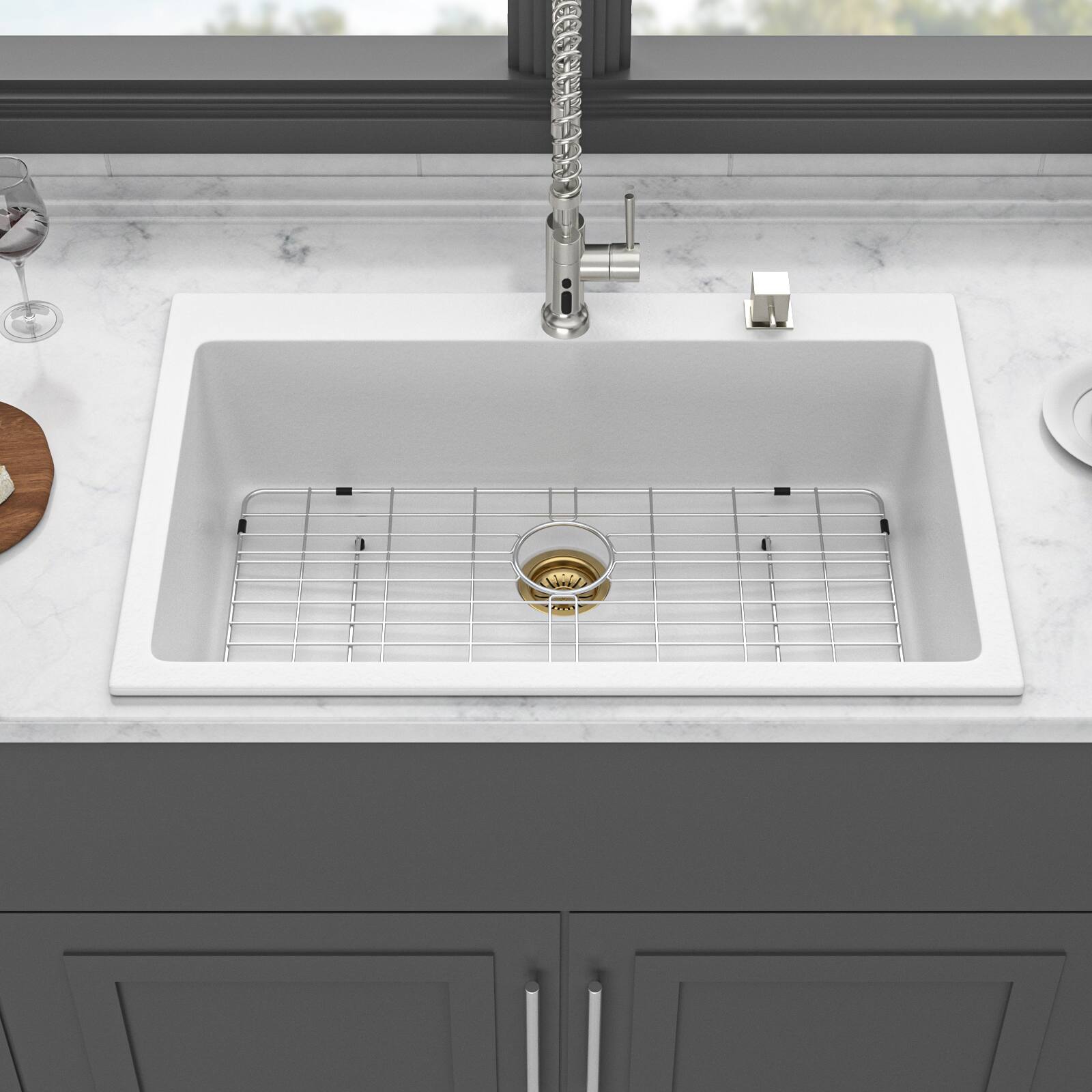 Angle. Siljoy - Quartz Kitchen Sink - 33" x 22" x 9.65" White granite composite Drop-in kitchen sink - White.