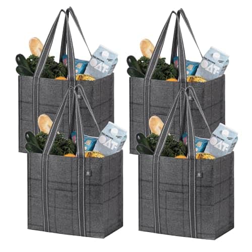 ESBANY - 4 Pack Reusable Grocery Bags with Hard Bottom, Heavy-Duty Shopping Bags for Shopping Cart ( 4 Pack) - Windowpane