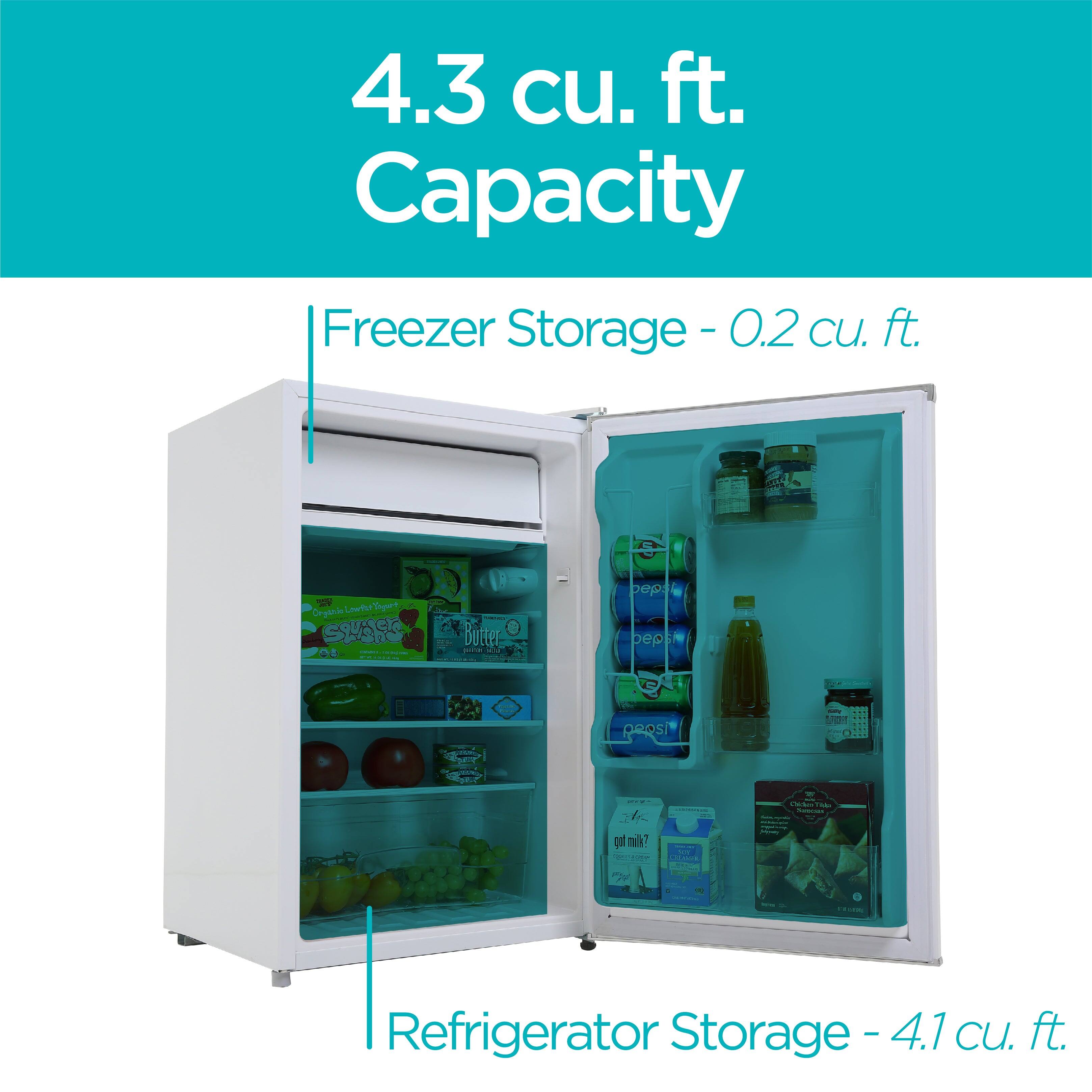 4.3 cu. ft. Capacity
Freezer Storage - 0.2 cu. ft.
Refrigerator Storage - 4.1 cu. ft.