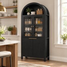 RYHNUYNE - Freestanding 71 Inch Fluted Tall Arched Pantry Cabinet with Adjustable Shelves, Hidden Drawer and Glass Door - Black
