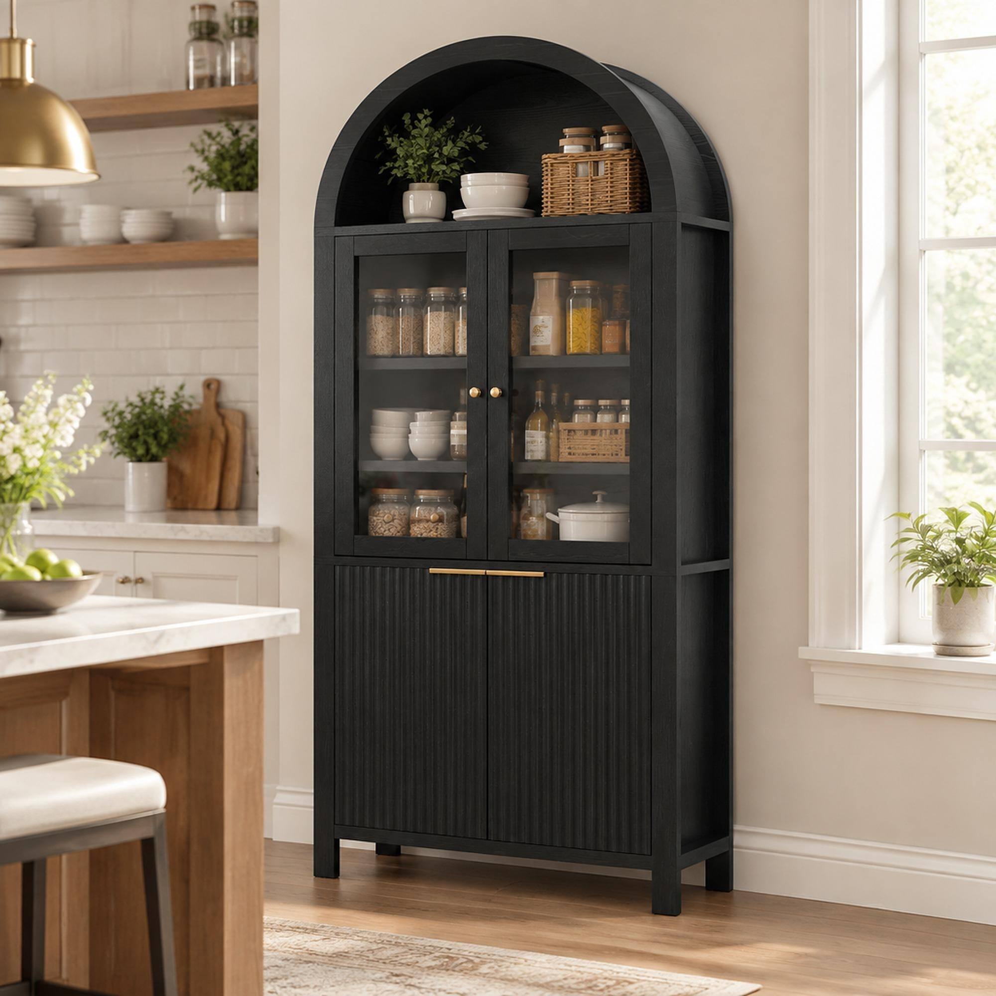 Front. RYHNUYNE - Freestanding 71 Inch Fluted Tall Arched Pantry Cabinet with Adjustable Shelves, Hidden Drawer and Glass Door, Black - Black.