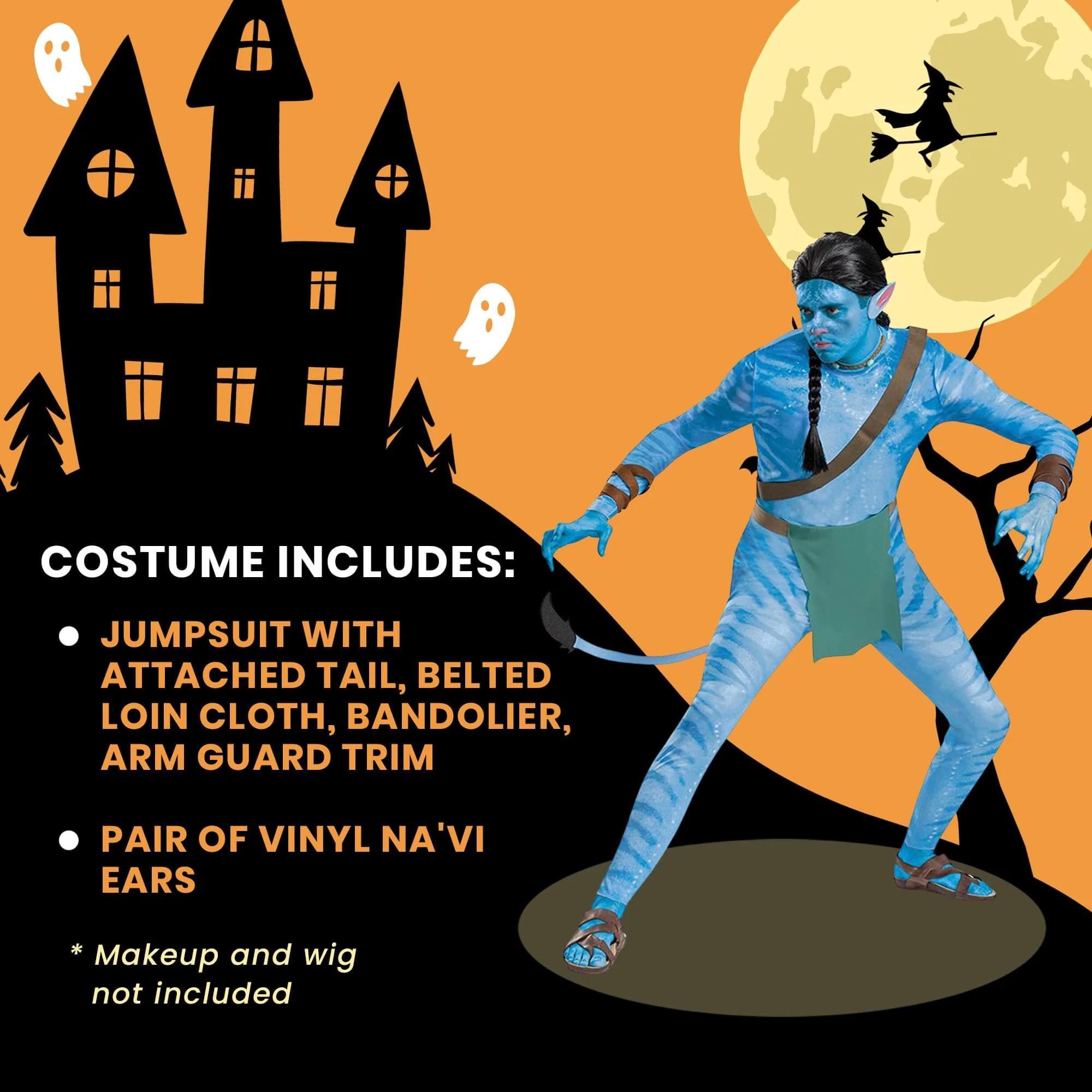 COSTUME INCLUDES:  
- JUMPSUIT WITH ATTACHED TAIL, BELTED LOIN CLOTH, BANDOLIER, ARM GUARD TRIM  
- PAIR OF VINYL NA'VI EARS  

*Makeup and wig not included