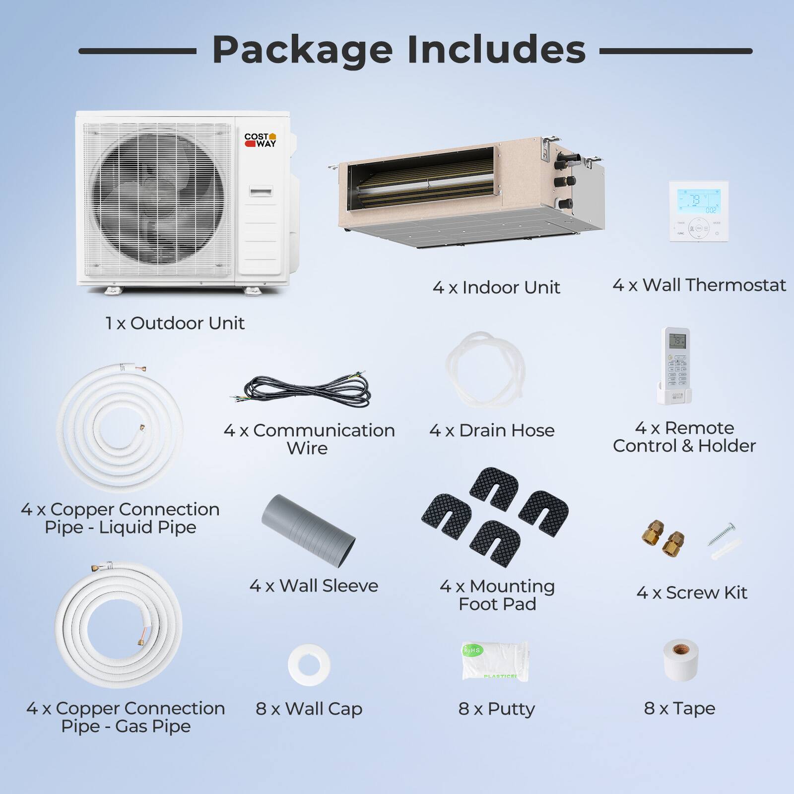 Package Includes

- 1 x Outdoor Unit
- 4 x Indoor Unit
- 4 x Wall Thermostat
- 4 x Communication Wire
- 4 x Copper Connection Pipe - Liquid Pipe
- 4 x Copper Connection Pipe - Gas Pipe
- 4 x Drain Hose
- 4 x Remote Control & Holder
- 4 x Wall Sleeve
- 4 x Mounting Foot Pad
- 4 x Screw Kit
- 8 x Wall Cap
- 8 x Putty
- 8 x Tape