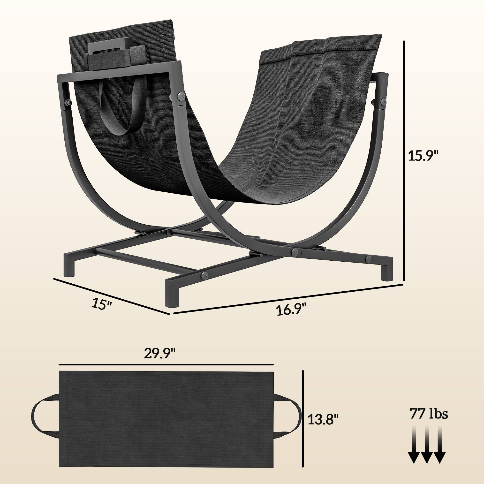 The dimensions of the chair are:

- Height: 15.9 inches
- Width: 16.9 inches
- Depth: 13.8 inches
- Seat height: 15 inches
- Seat depth: 13.8 inches
- Base width: 15 inches
- Base depth: 2.9 inches

The weight capacity is 77 lbs.