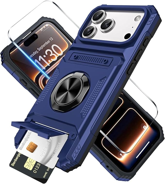 Gravity Ridge - for iPhone 17 Pro Wallet Case with Card Holder 360°Ring Kickstand Military Grade Drop Shockproof Rugged Case - Blue