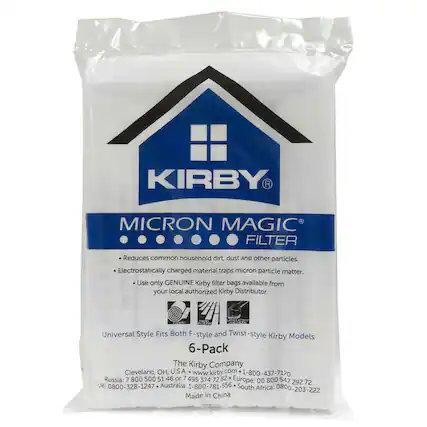 **KIRBY® MICRON MAGIC® FILTER**
- Reduces common household dirt, dust and other particles.
- Electrostatically charged material traps micron particle matter.
- Use only GENUINE Kirby filter bags available from your local authorized Kirby Distributor.
**Universal Style Fits Both F-style and Twist-style Kirby Models**
**6-Pack**
**The Kirby Company**
Cleveland, OH, U.S.A.
www.kirby.com
1-800-437-7170
**Russia:** 7 800 500 51 46 or 7 495 374 7170
**Europe:** 00 800 547 292 72
**UK:** 0800-328-1247
**Australia:** 1-800-781-556
**South Africa:** 0800-203-222
Made in China
2023