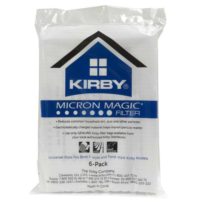 **KIRBY® MICRON MAGIC® FILTER**

- Reduces common household dirt, dust and other particles.
- Electrostatically charged material traps micron particle matter.
- Use only GENUINE Kirby filter bags available from your local authorized Kirby Distributor.

**Universal Style Fits Both F-style and Twist-style Kirby Models**

**6-Pack**

**The Kirby Company**
Cleveland, OH, U.S.A.
www.kirby.com
1-800-437-7170

**Russia:** 7 800 500 51 46 or 7 495 374 7170  
**Europe:** 00 800 547 292 72  
**UK:** 0800-328-1247  
**Australia:** 1-800-781-556  
**South Africa:** 0800-203-222  

Made in China  
2023