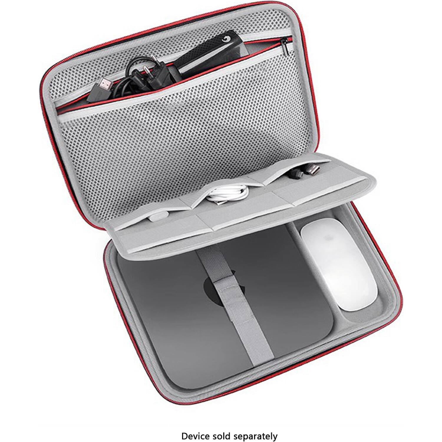 The image shows a laptop case with an open compartment that contains a mouse and a cell phone. The case is gray and red, and the mouse is white. The text "device sold separately" is visible on the image, indicating that the mouse and cell phone are not included with the laptop case and must be purchased separately.
