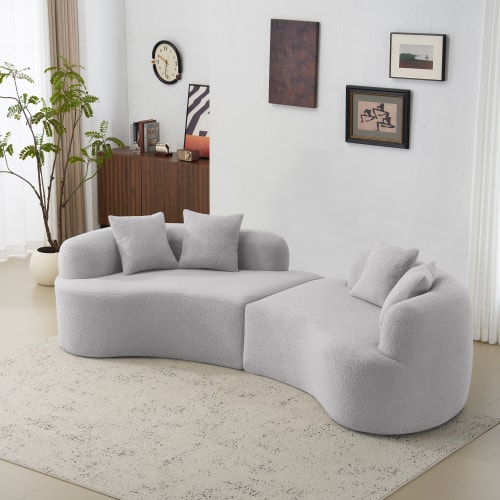Anysun - Curved 4-Seat Grey Teddy Velvet Sofa - Full Compression Sponge, No Assembly, Compact for Small Spaces & Apartments - Gray