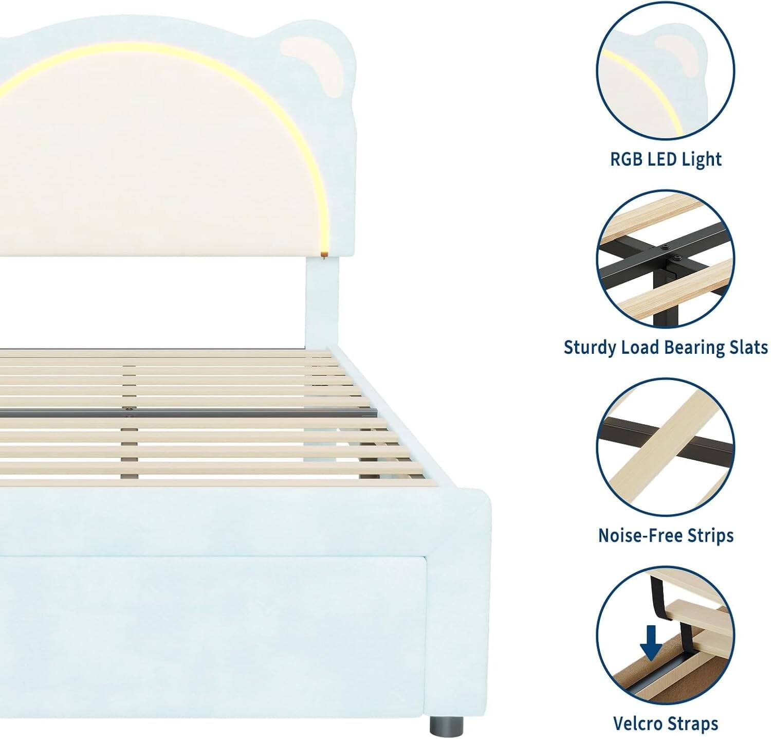 - RGB LED Light
- Sturdy Load Bearing Slats
- Noise-Free Strips
- Velcro Straps