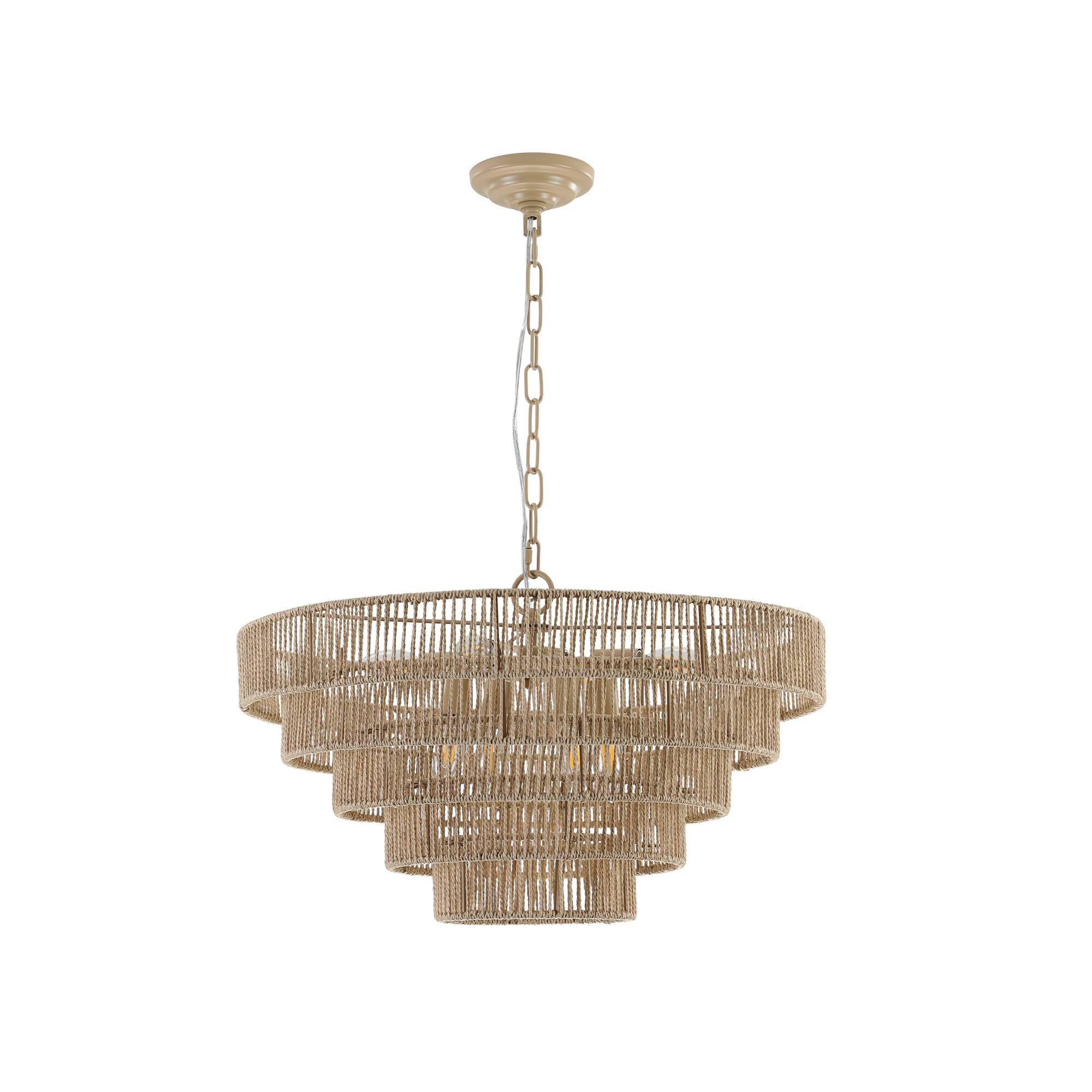 Alt View 8. Tiramisubest - 24" Modern 5-Layer Woven Hemp Rope Chandelier, Boho Style Pendant Light, Elegant Hanging Light Fixture (No Bulbs) - Wood.