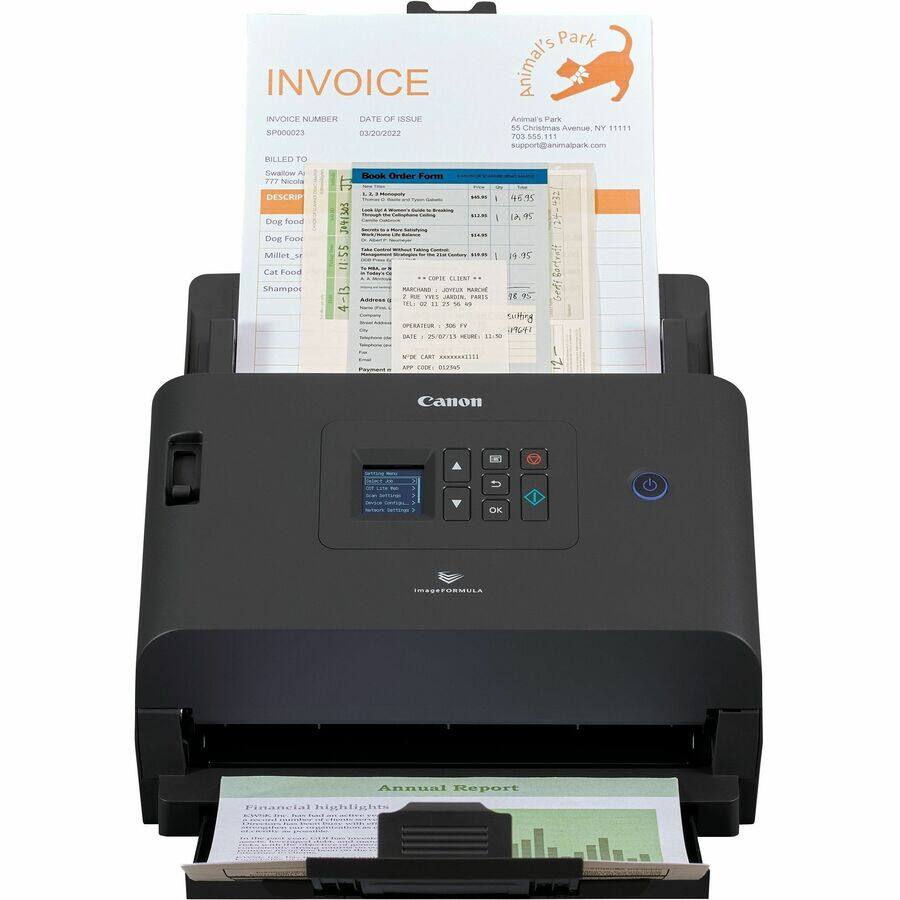 **INVOICE**

**INVOICE NUMBER:** SP00023  
**DATE OF ISSUE:** 03/20/2022  

**BILLED TO:**  
Swallow Park  
Animal's Park  
555 Christmas Avenue  
Averus, NY 705 555-7111  
support@animalpark.com  

**DESCRIPTION:**  
- Dog Food  
- Dog Food  
- Millie's  
- Cat Food  
- Shampoo  

**Book Order Form**  
- L.S. & M. Property  
- Look a Book to Read to Your Cat  
- Dog Food  
- Cat Food  
- Shampoo  

**TOTAL:** $46.35  

**ANNUAL REPORT**  
**Financial highlights**  

**Animal's Park**  
702-555-1111  
support@animalpark.com  

**Canon**  
**imageFORMULA**