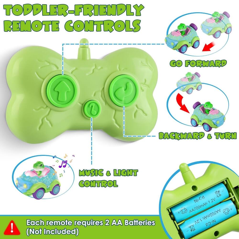 TODDLER-FRIENDLY REMOTE CONTROLS

GO FORWARD BACKWARD & TURN

MUSIC & LIGHT CONTROL

Each remote requires 2 AA Batteries (Not Included)

Ni-Cd 1.2V AA700mAh 1 AA700mAh 1.2V Ni-Cd