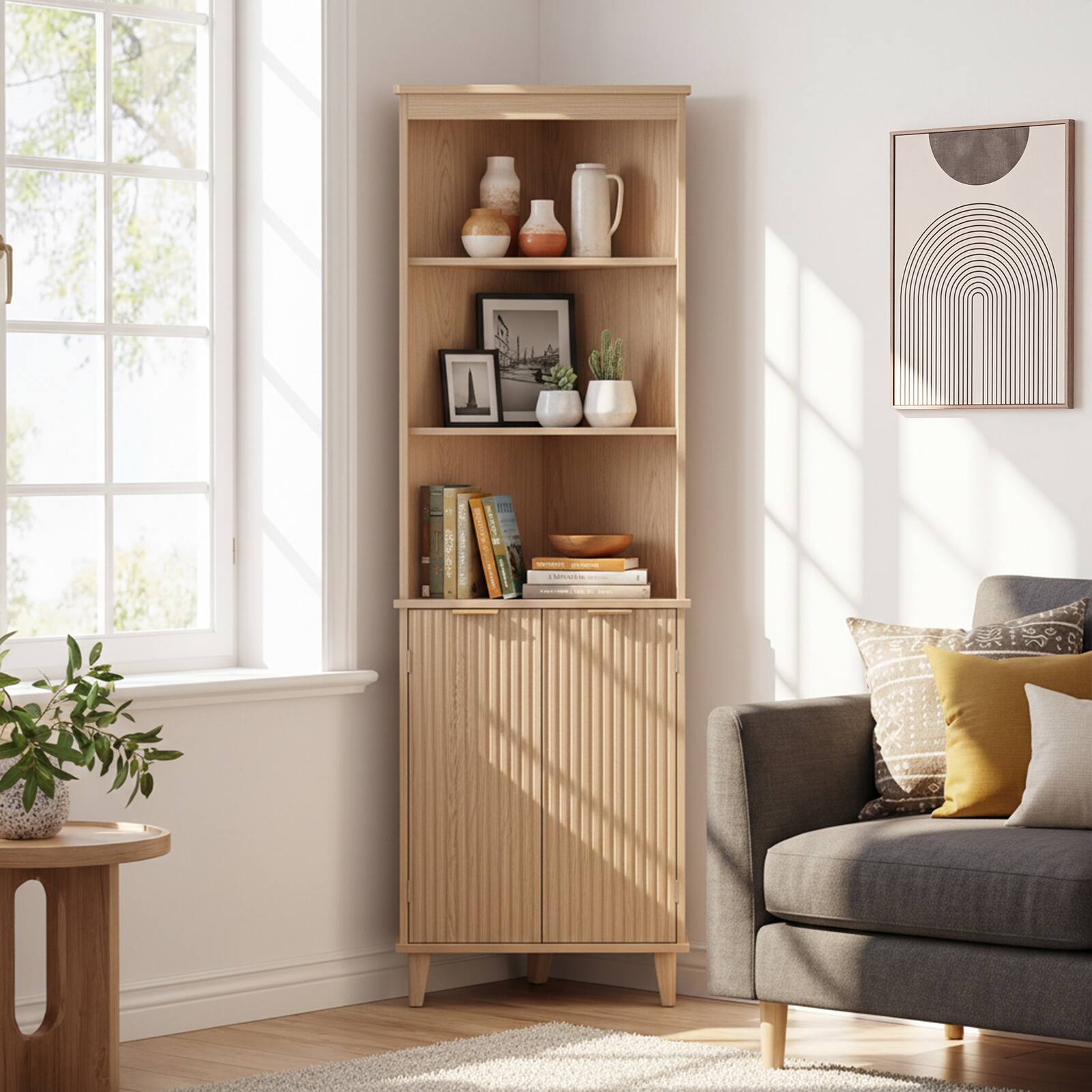 Alt View 1. Costway - Costway 68" Tall Corner Cabinet with Fluted Doors, 6-Tier Space Saver Display Shelves Bathroom Storage Cabinet - Oak.