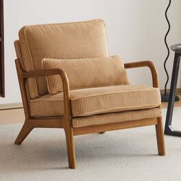 Winado - Upgraded Corduroy Upholstered Solid Wood Reading Arm Accent Chair with Lumbar Pillow for Living Room Bedroom Guest Room - Khaki
