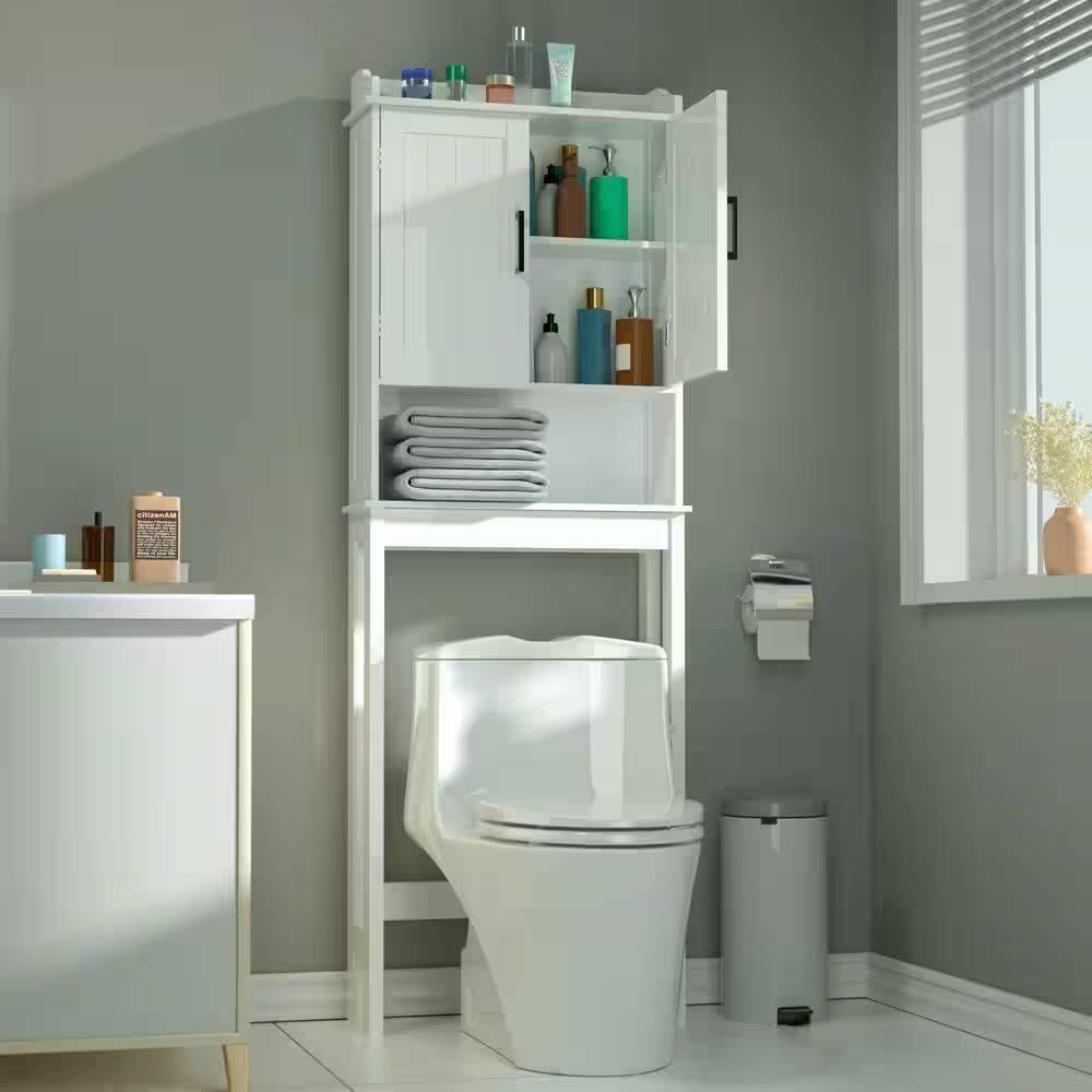 Front. Hivvago - Over the Toilet Bathroom Storage Cabinet Shelving Unit in White Wood Finish - White.