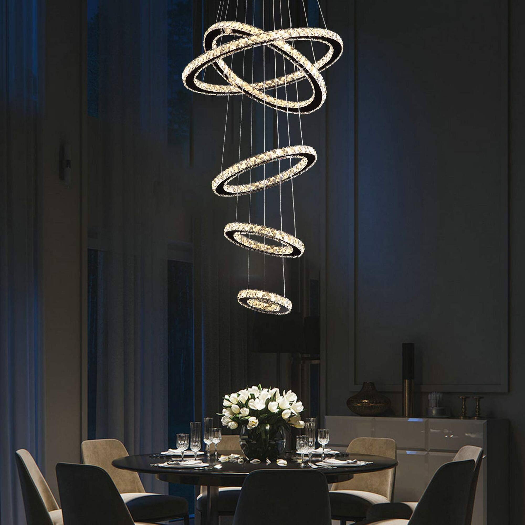 Alt View 1. Siljoy - 118" 5-Ring Modern Crystal LED Chandelier, 3 Color Temperature Adjustable Pendant Light for Foyer Staircase Living Room - Chrome.