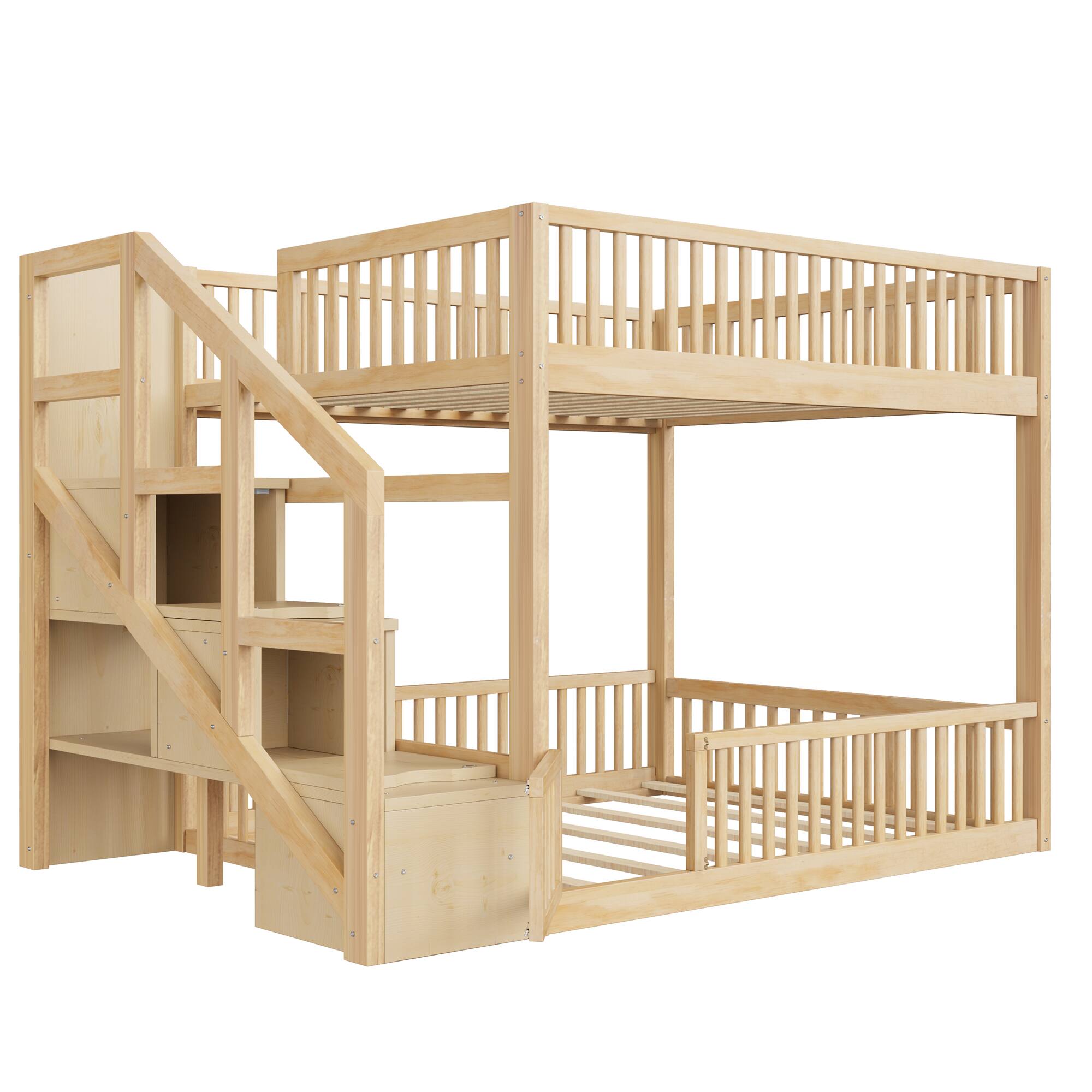 Angle. Whisen - Full over Full Floor Bunk Bed,Low-Profile Bunk Bed with Storage Staircase & Guardrails - Natural.