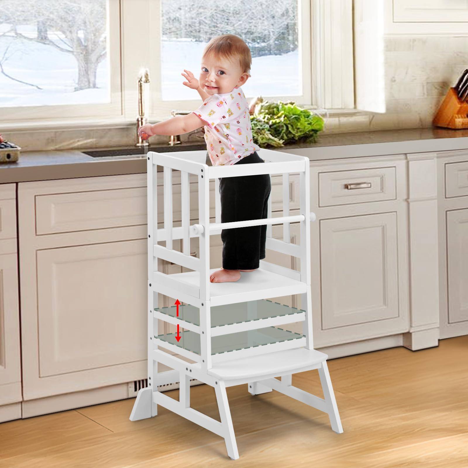 Front. JETRANSPORT - Standing Tower - Adjustable Height Kitchen Stool Helper Step For Learning With Removable Safety Railing - White Large.