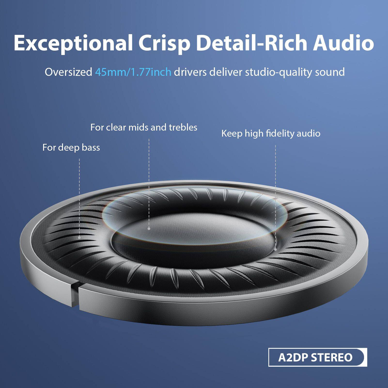 Exceptional Crisp Detail-Rich Audio  
Oversized 45mm/1.77inch drivers deliver studio-quality sound  
For clear mids and trebles  
For deep bass  
Keep high fidelity audio  
A2DP STEREO