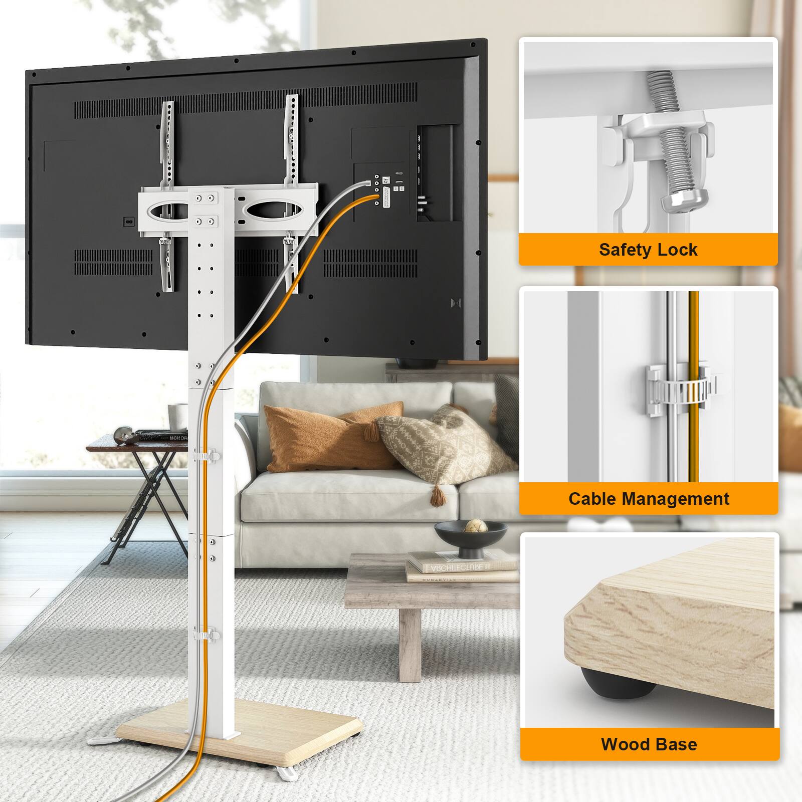 Safety Lock  
Cable Management  
Auchieginne Stratidad  
Wood Base