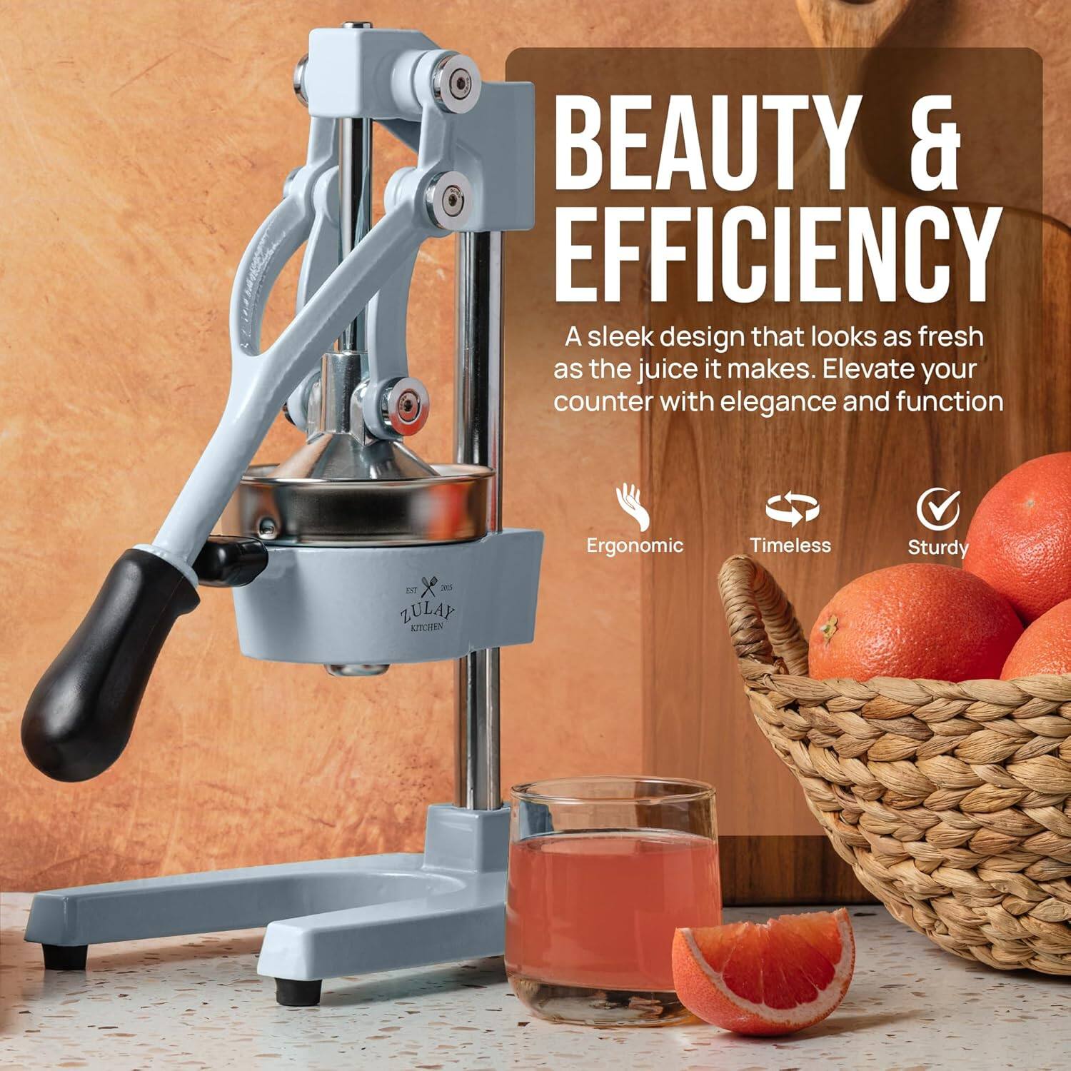 BEAUTY & EFFICIENCY  
A sleek design that looks as fresh as the juice it makes. Elevate your counter with elegance and function  
Ergonomic  
Timeless  
Sturdy  
ZULAP KITCHEN