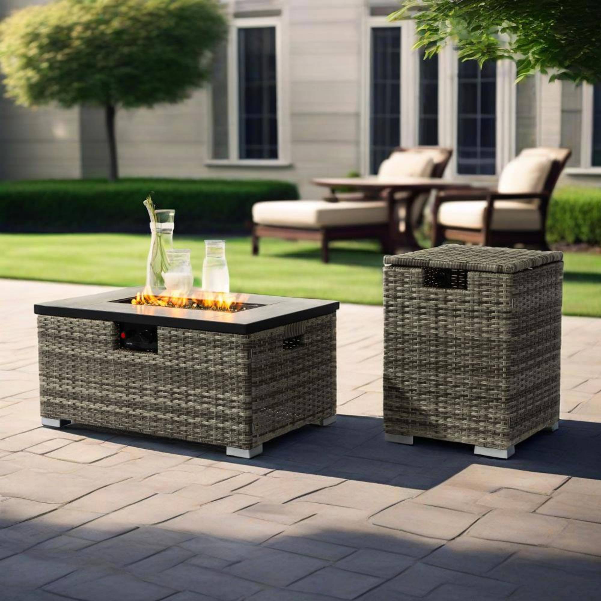Angle. Spaco - 32" Propane Fire Pit Table with Tank Cover, 50000 BTU Rectangular Steel Firepit with Wicker Base - Beige.
