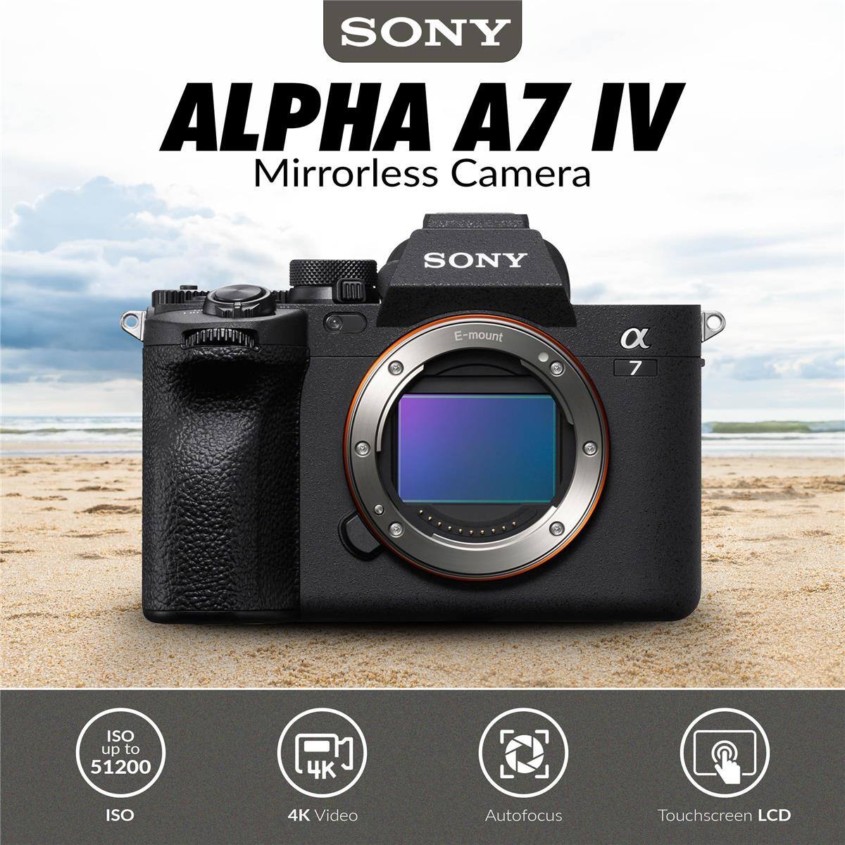SONY ALPHA A7 IV Mirrorless Camera SONY E-mount  
ISO up to 51200  
4K Video  
Autofocus  
Touchscreen LCD