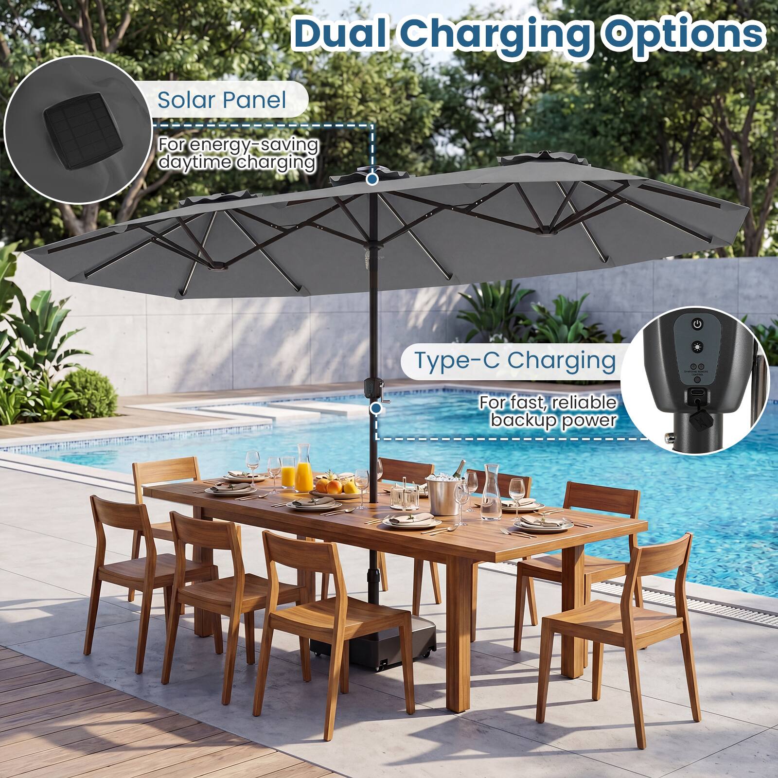 Dual Charging Options  
Solar Panel  
For energy-saving daytime charging  

Type-C Charging  
For fast, reliable backup power