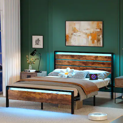 Front. Winado - King Size Platform Bed Frame with LED Headboard, USB Charging Station, Metal Panel Bed with 12" Under Bed Storage Space - Industrial Brown.