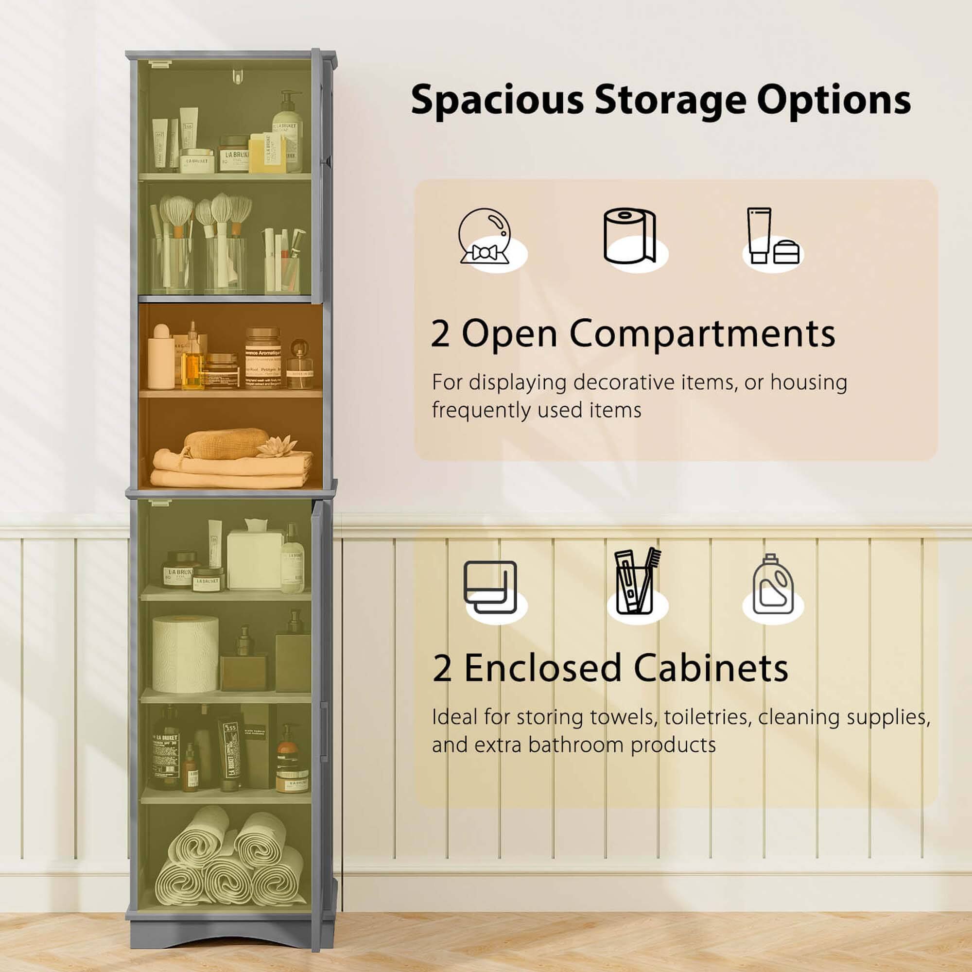 Spacious Storage Options:

1. 2 Open Compartments: For displaying decorative items or housing frequently used items.
2. 2 Enclosed Cabinets: Ideal for storing towels, toiletries, cleaning supplies, and extra bathroom products.