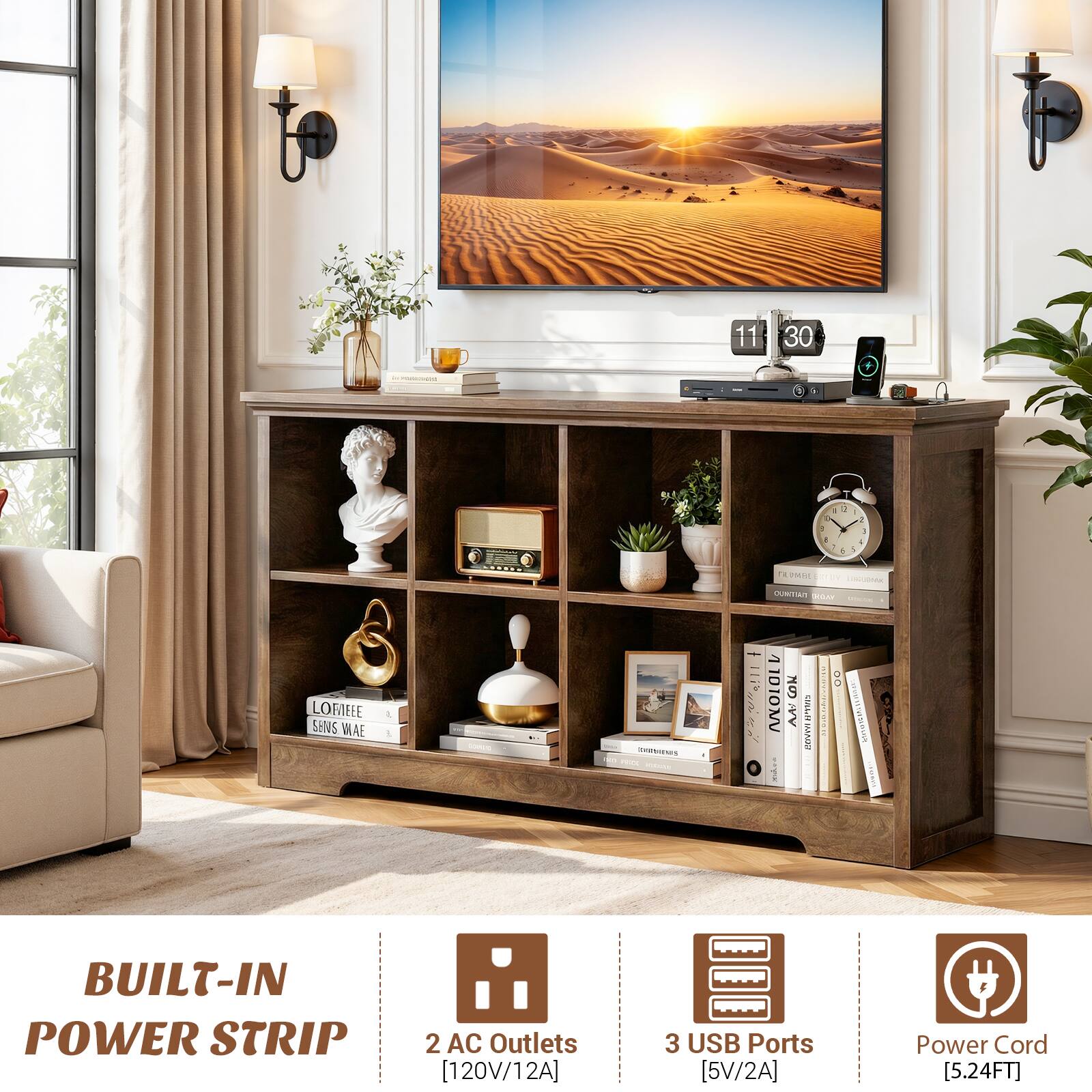 11:30 - T - . 1 J 4 1 1 - - a    d - OAA CURTR .... LORIEEE SENS WAE 1 T :  1010MV CON i AM LA nowa-tin san 8 ween _ I BUILT-IN POWER STRIP 2 AC Outlets [120V/12A] 3 USB Ports [5V/2A] Power Cord [5.24FT]