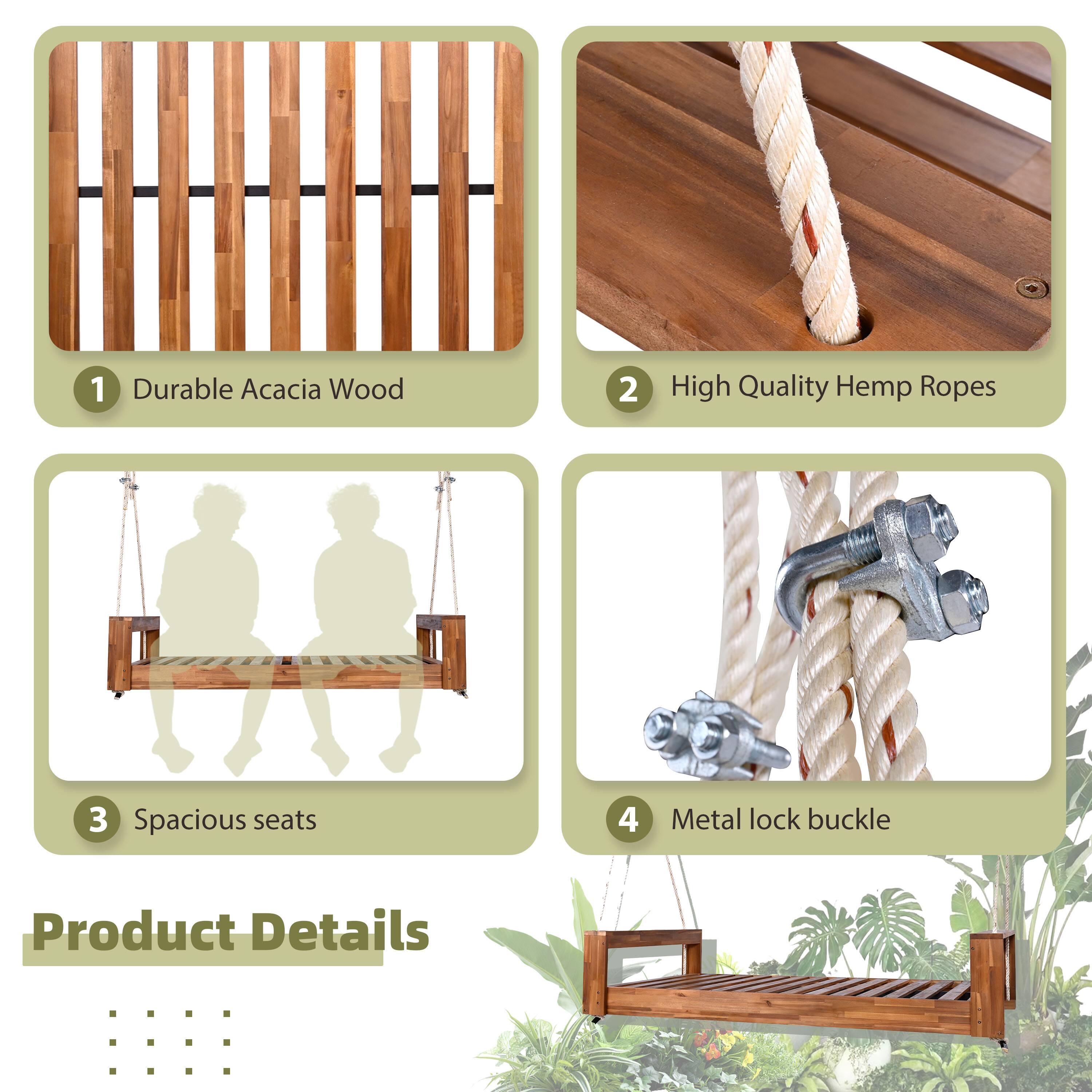 1. Durable Acacia Wood  
2. High Quality Hemp Ropes  
3. Spacious seats  
4. Metal lock buckle  

Product Details