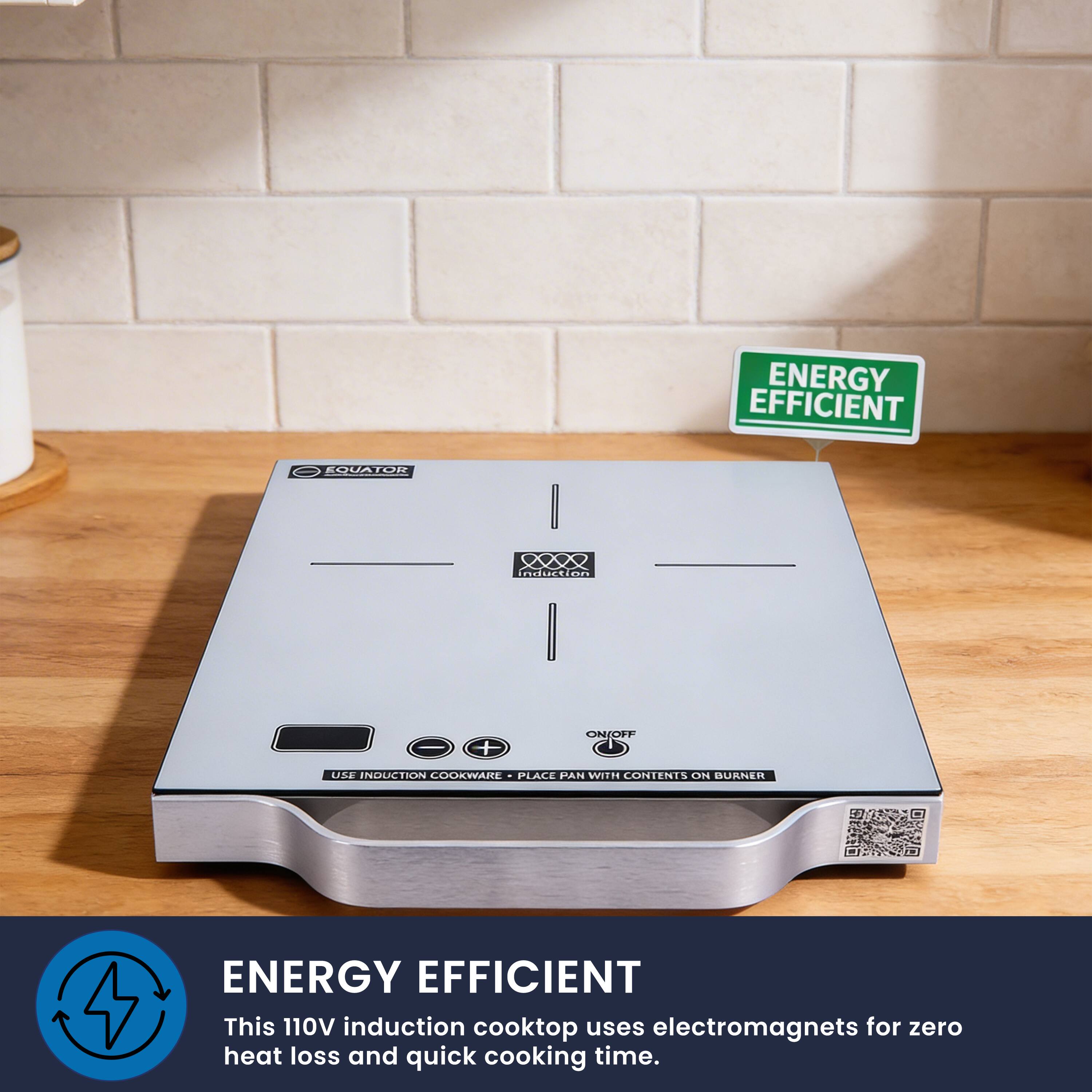 ENERGY EFFICIENT

This 110V induction cooktop uses electromagnets for zero heat loss and quick cooking time.

USE INDUCTION COOKWARE - PLACE PAN WITH CONTENTS ON BURNER

ON/OFF

ENERGY EFFICIENT