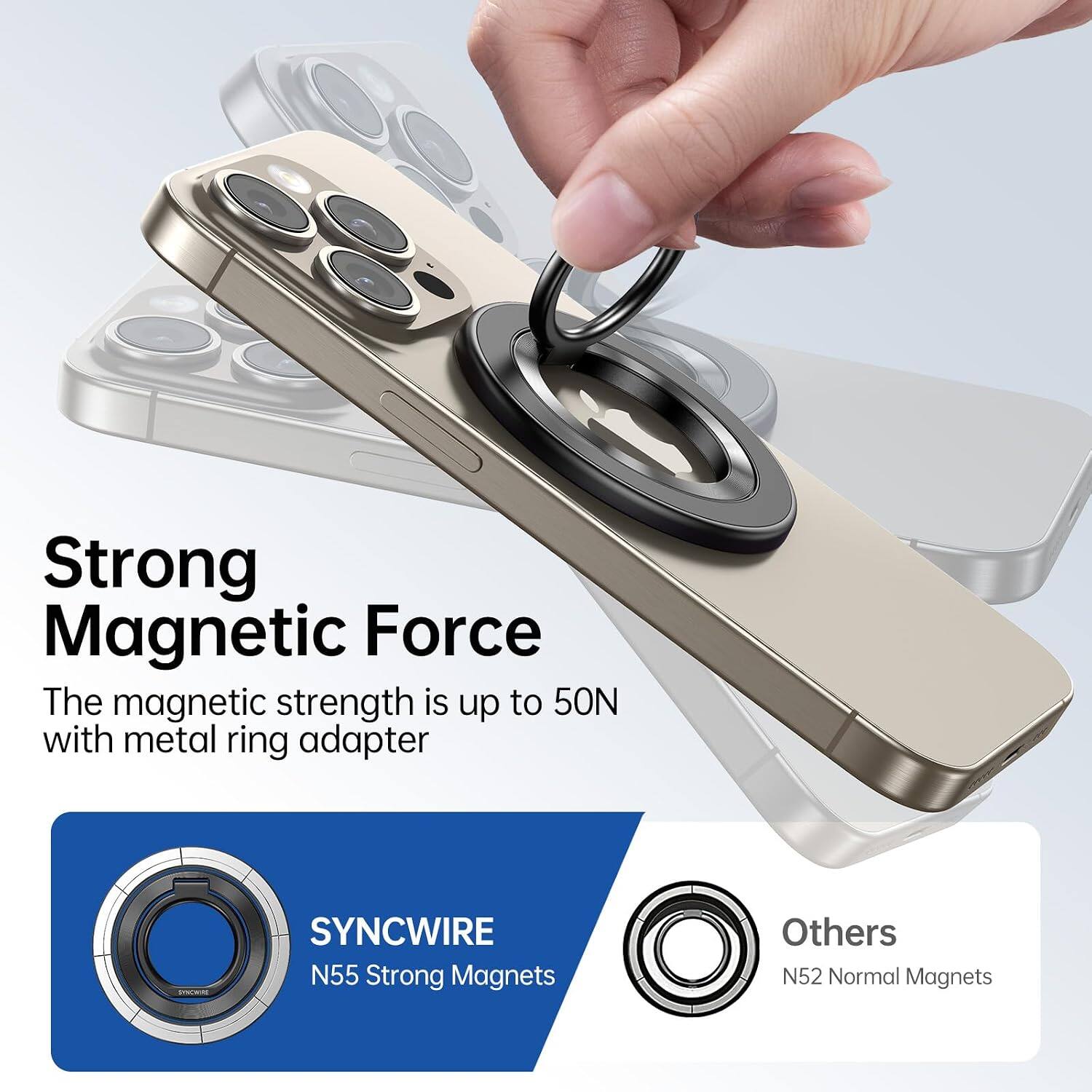Strong Magnetic Force  
The magnetic strength is up to 50N with metal ring adapter

SYNCWIRE  
N55 Strong Magnets

Others  
N52 Normal Magnets