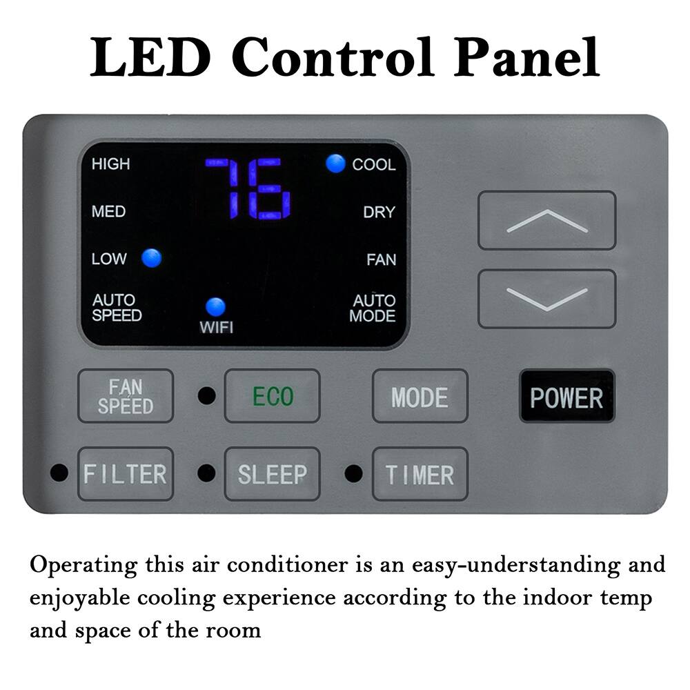 LED Control Panel

HIGH MED LOW 78 COOL DRY FAN AUTO SPEED WIFI AUTO MODE FAN SPEED ECO MODE POWER FILTER SLEEP TIMER

Operating this air conditioner is an easy-understanding and enjoyable cooling experience according to the indoor temp and space of the room