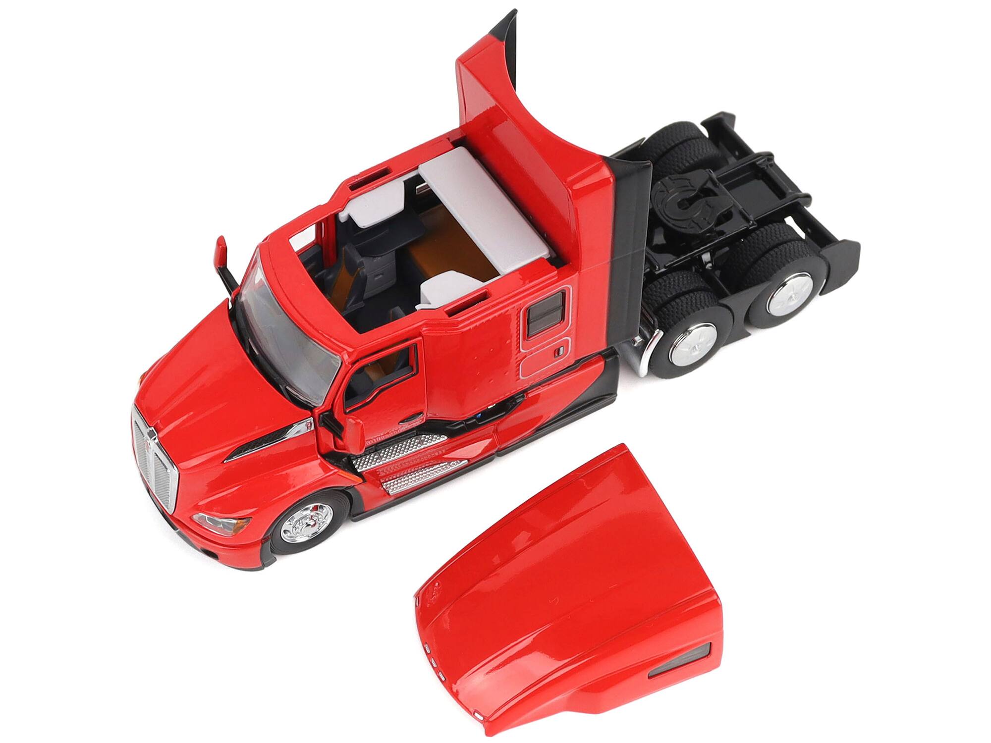 Angle. Diecast Masters - Kenworth T680 76" High Roof Sleeper Cab Truck Tractor Viper Red "Transport Series" 1/50 Diecast Model by Diecast Masters - Red.