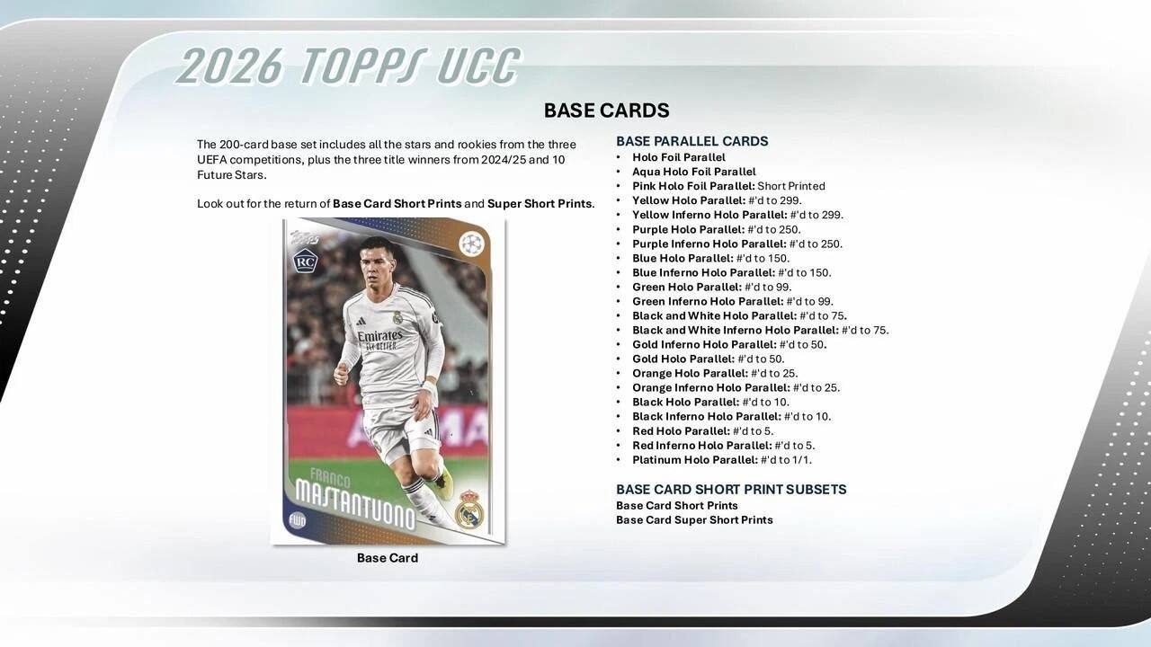 2026 TOPPS UCC BASE CARDS

The 200-card base set includes all the stars and rookies from the three UEFA competitions, plus the three title winners from 2024/25 and 10 Future Stars. Look out for the return of Base Card Short Prints and Super Short Prints.

RC Emirates EHE FRANCO MASTANTUONO FWD Base Card

BASE PARALLEL CARDS
- Holo Foil Parallel
- Aqua Holo Foil Parallel
- Pink Holo Foil Parallel
- Yellow Holo Parallel: Short Printed
- Yellow Inferno Holo Parallel: #'d to 299
- Purple Holo Parallel: #'d to 250
- Purple Inferno Holo Parallel: #'d to 250
- Blue Holo Parallel: #'d to 150
- Blue Inferno Holo Parallel: #'d to 150
- Green Holo Parallel: #'d to 99
- Green Inferno Holo Parallel: #'d to 99
- Black and White Holo Parallel: #'d to 75
- Black and White Inferno Holo Parallel: #'d to 
