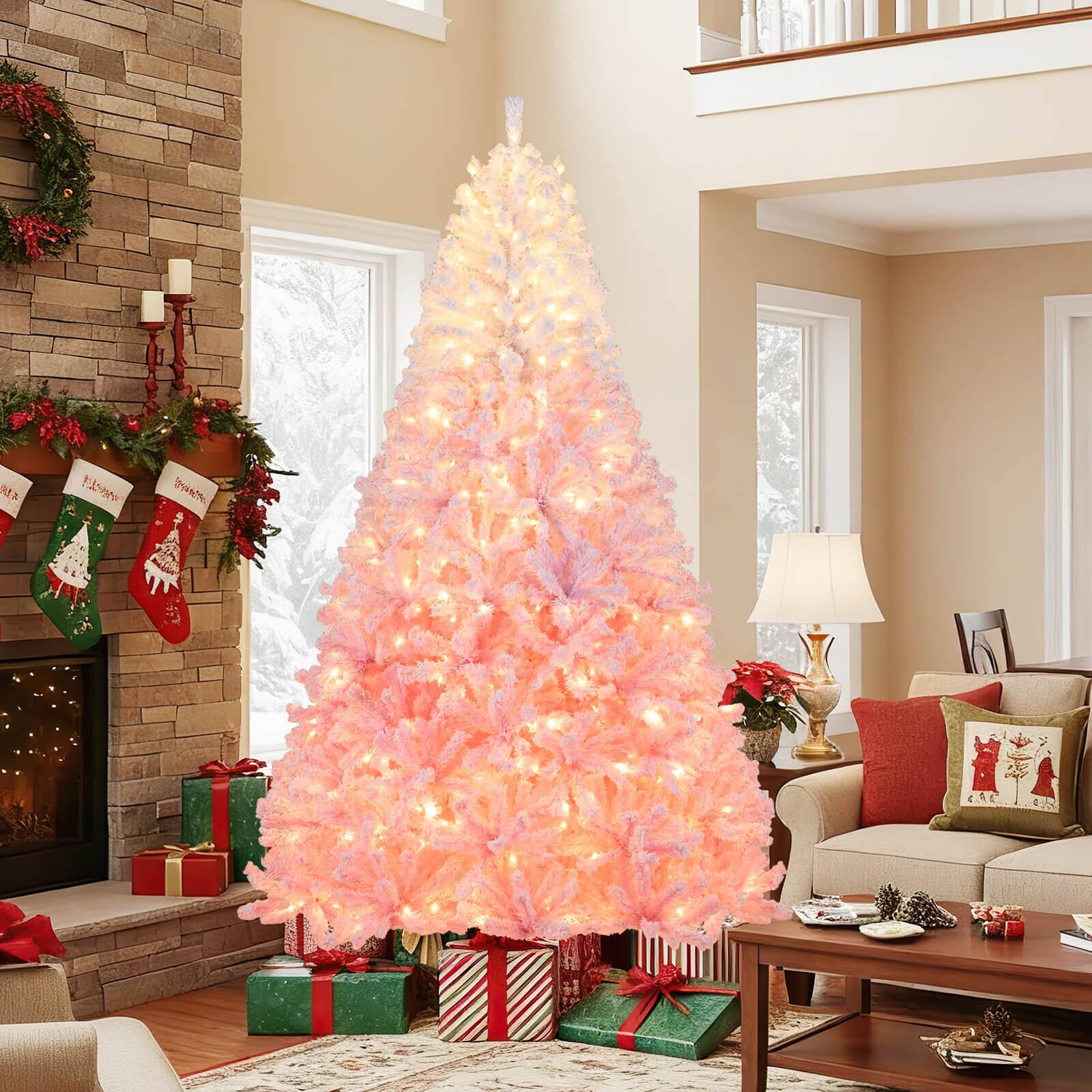 Alt View 3. Costway - Costway 8 FT Artificial Christmas Tree with 470 Warm White LED Lights, 8 Lighting Modes & Folding Metal Stand - Pink+White.