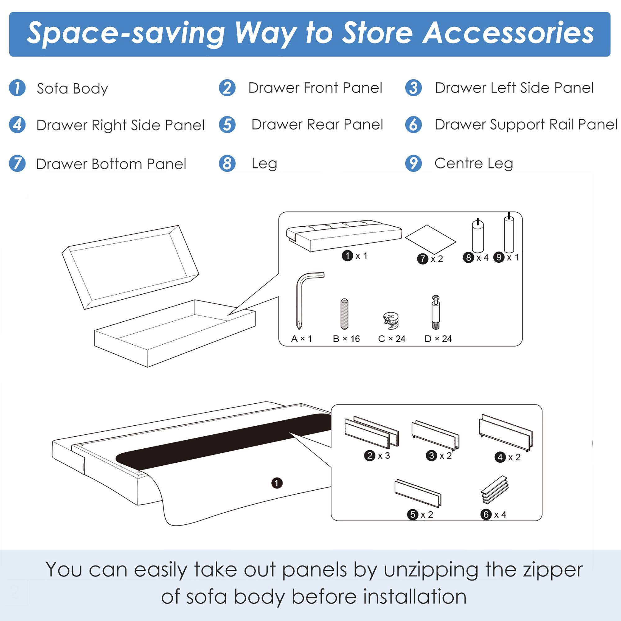 Space-saving Way to Store Accessories

1. Sofa Body
2. Drawer Front Panel
3. Drawer Left Side Panel
4. Drawer Right Side Panel
5. Drawer Rear Panel
6. Drawer Support Rail Panel
7. Drawer Bottom Panel
8. Leg
9. Centre Leg

1 x1  
7 x2  
8 x4  
9 x1  
A x1  
B x16  
C x24  
D x24  
2 x3  
3 x2  
4 x2  
5 x2  
6 x4  

You can easily take out panels by unzipping the zipper of sofa body before installation