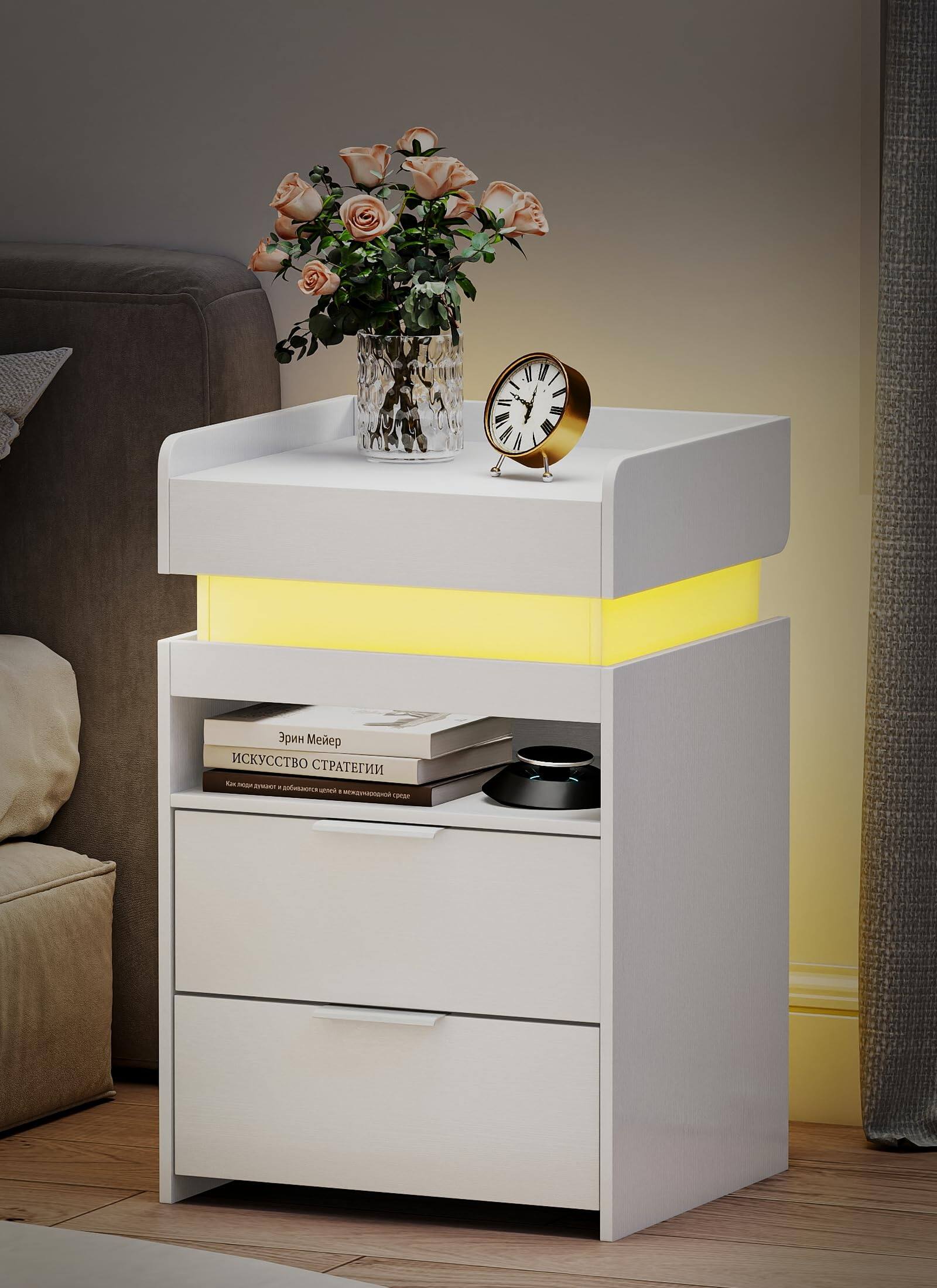 Back. VEGA AUTOMOTIVE - Night Stand With Drawer - Modern Nightstand Charging Station & Led Lights Widen Bedside Tables 2 Drawers Sl... - White-1 Pack.