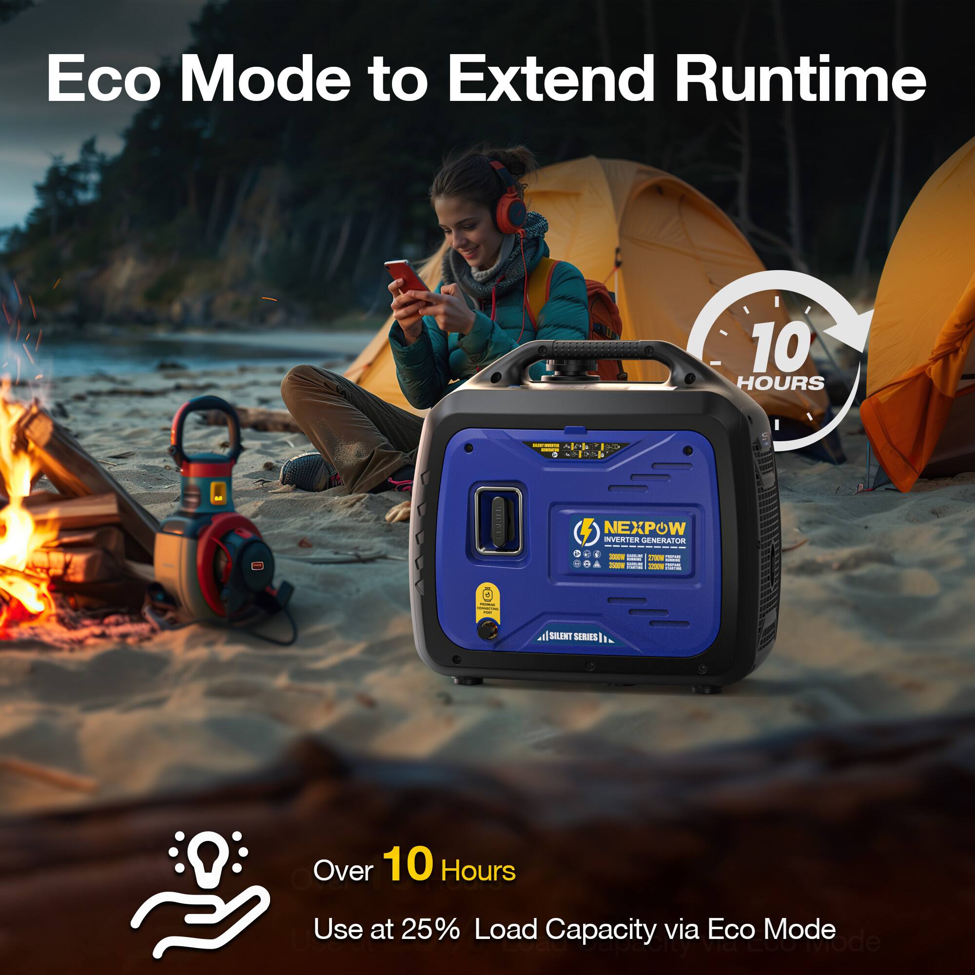 Eco Mode to Extend Runtime

NEXPOW Inverter Generator

10 HOURS

Over 10 Hours Use at 25% Load Capacity via Eco Mode