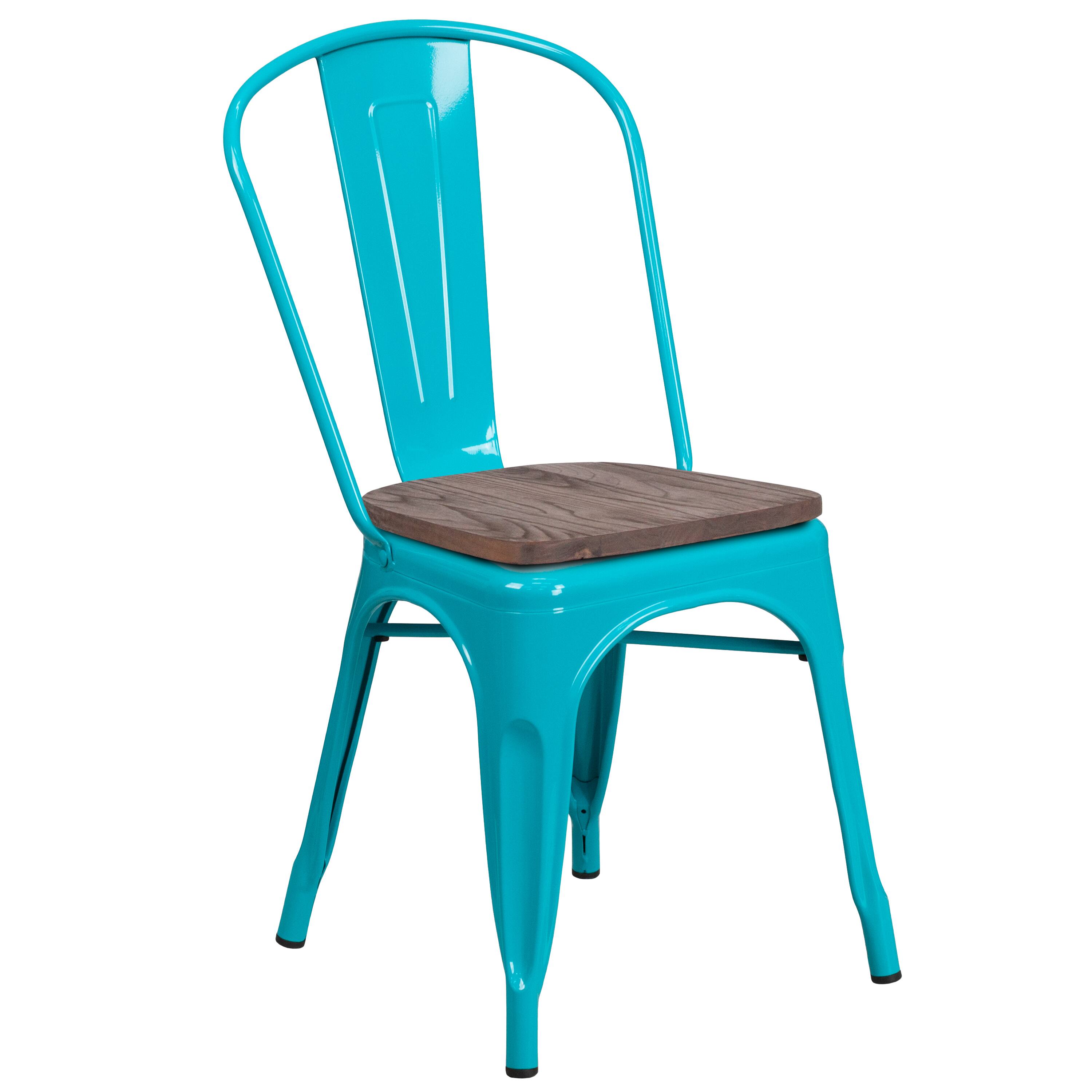 Alt View 1. Emma + Oliver - Colorful Metal Dining Stack Chair with Wood Seat - Crystal Teal-Blue.