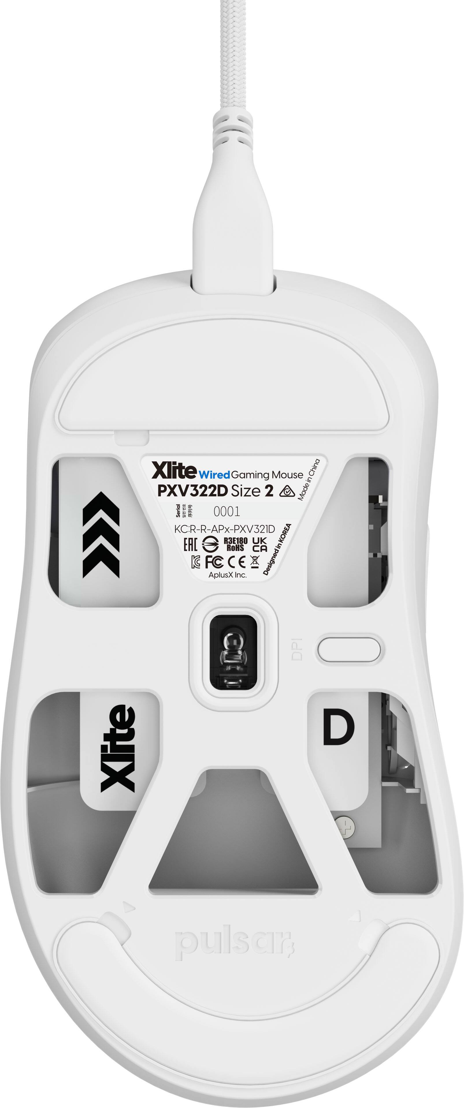 Xlite Wired Gaming Mouse PXV322D Size 2 Madeir FAC . 0001 KCR-R-APx-PXV32ID KOREA R3180 UK EAC ROHS CA Designedin KOREA in IC FC x AplusX Inc. Xlite D pulsar,
